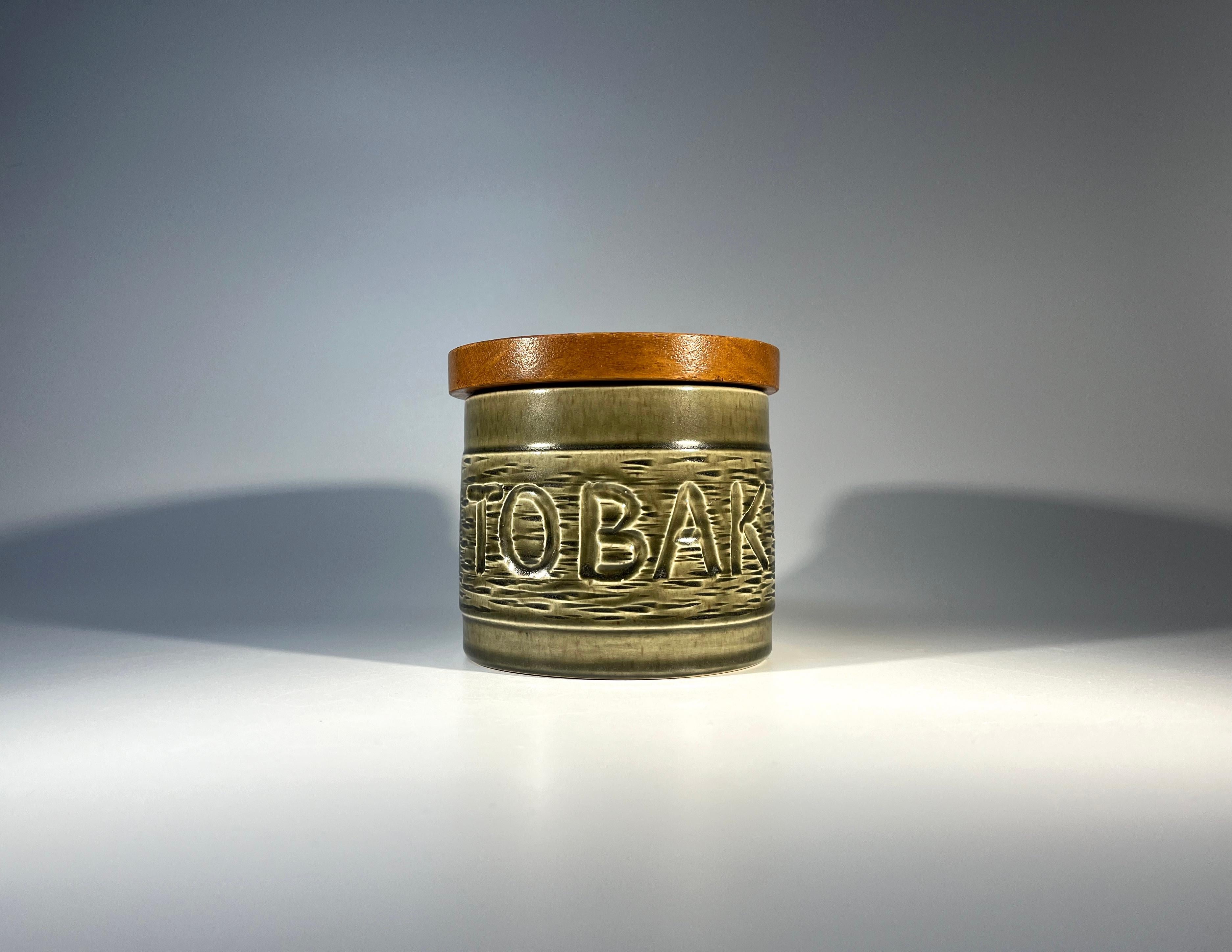 Swedish Tobak, Mid-Century Glazed Ceramic And Teak Humidor Tobacco Jar For Sale 2