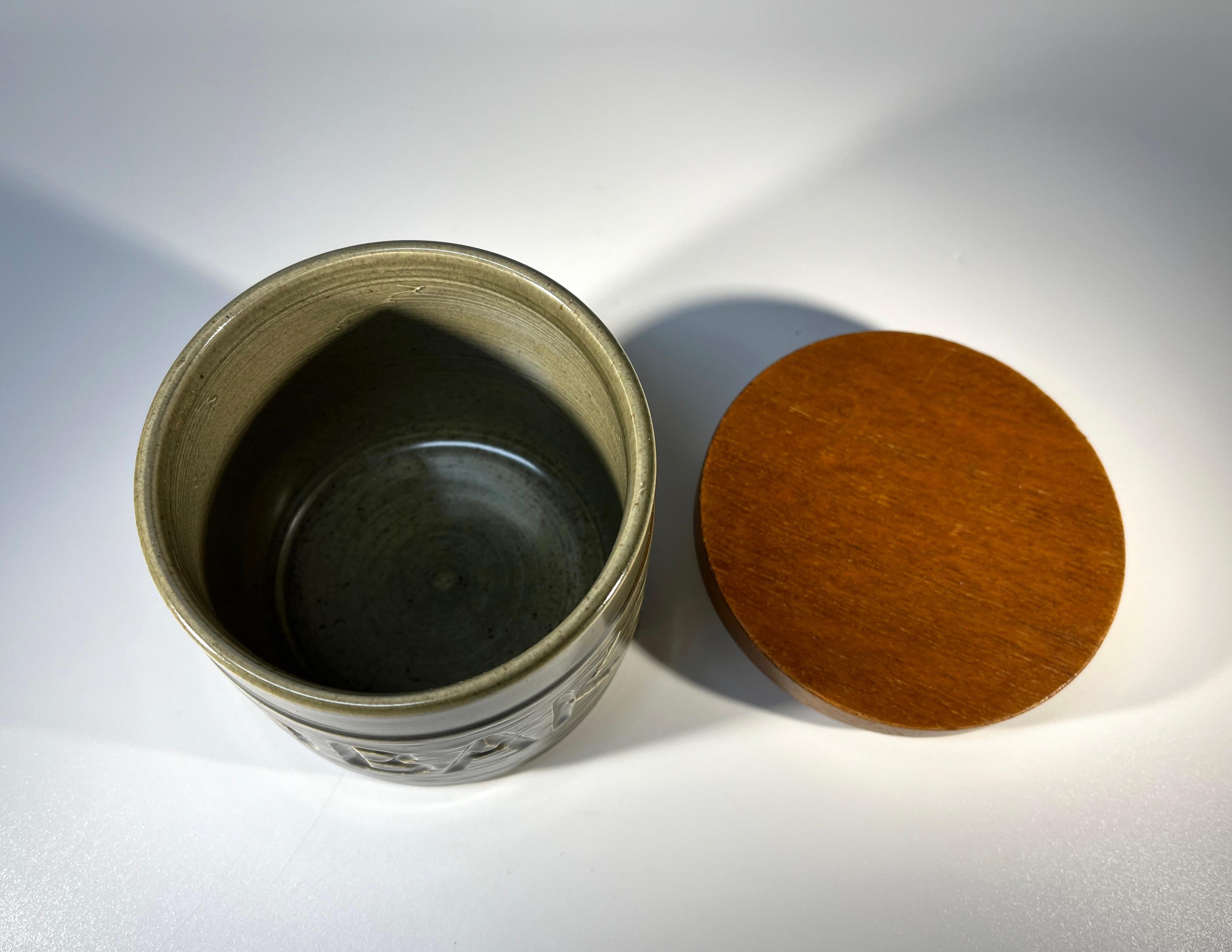 Swedish Tobak, Mid-Century Glazed Ceramic And Teak Humidor Tobacco Jar For Sale 3