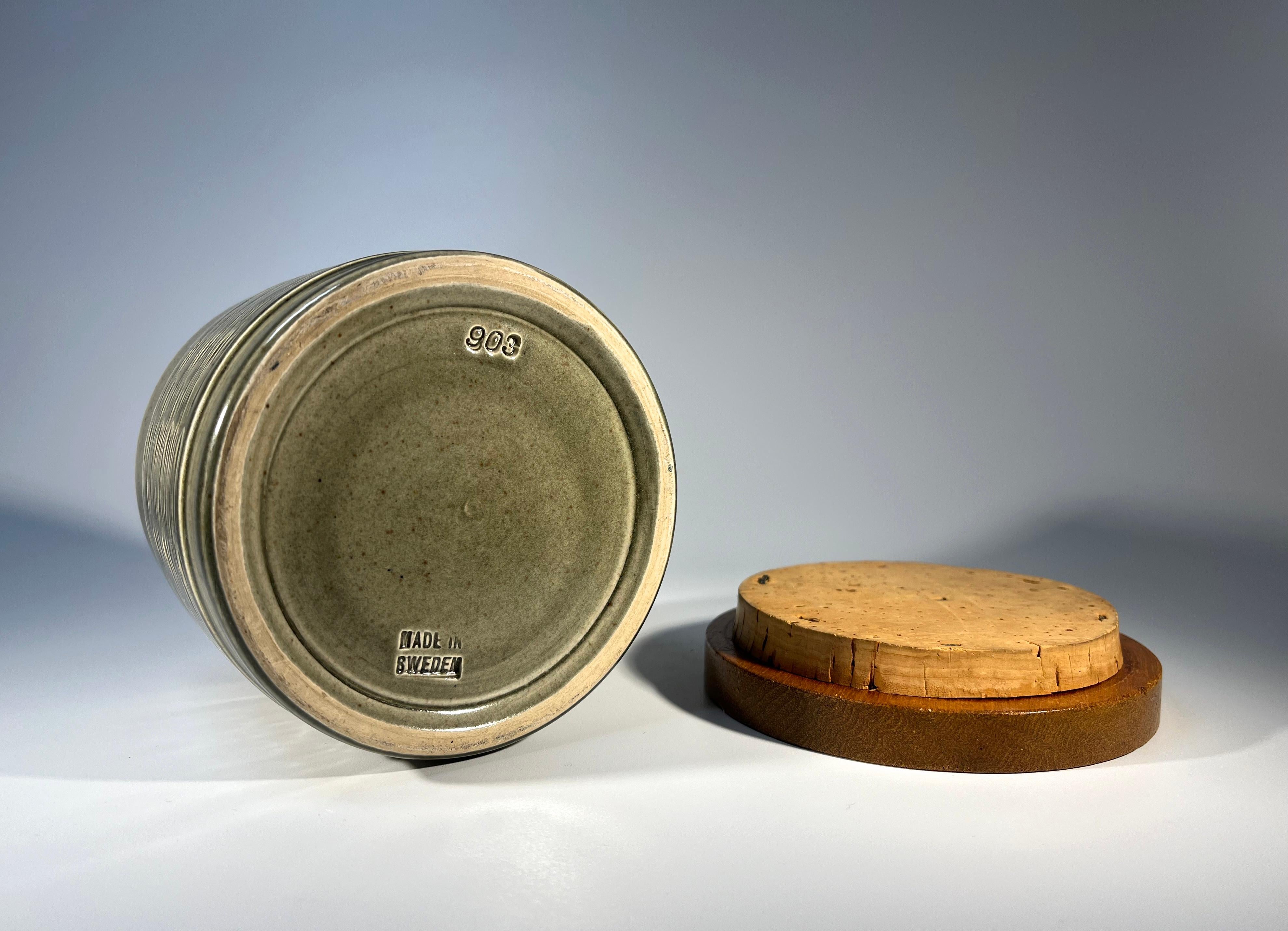 Swedish Tobak, Mid-Century Glazed Ceramic And Teak Humidor Tobacco Jar For Sale 4