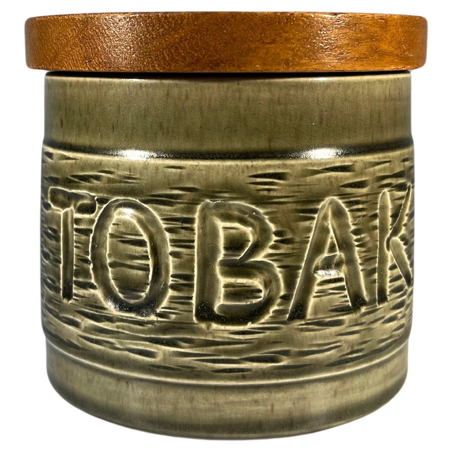 Swedish Tobak, Mid-Century Glazed Ceramic And Teak Humidor Tobacco Jar For Sale