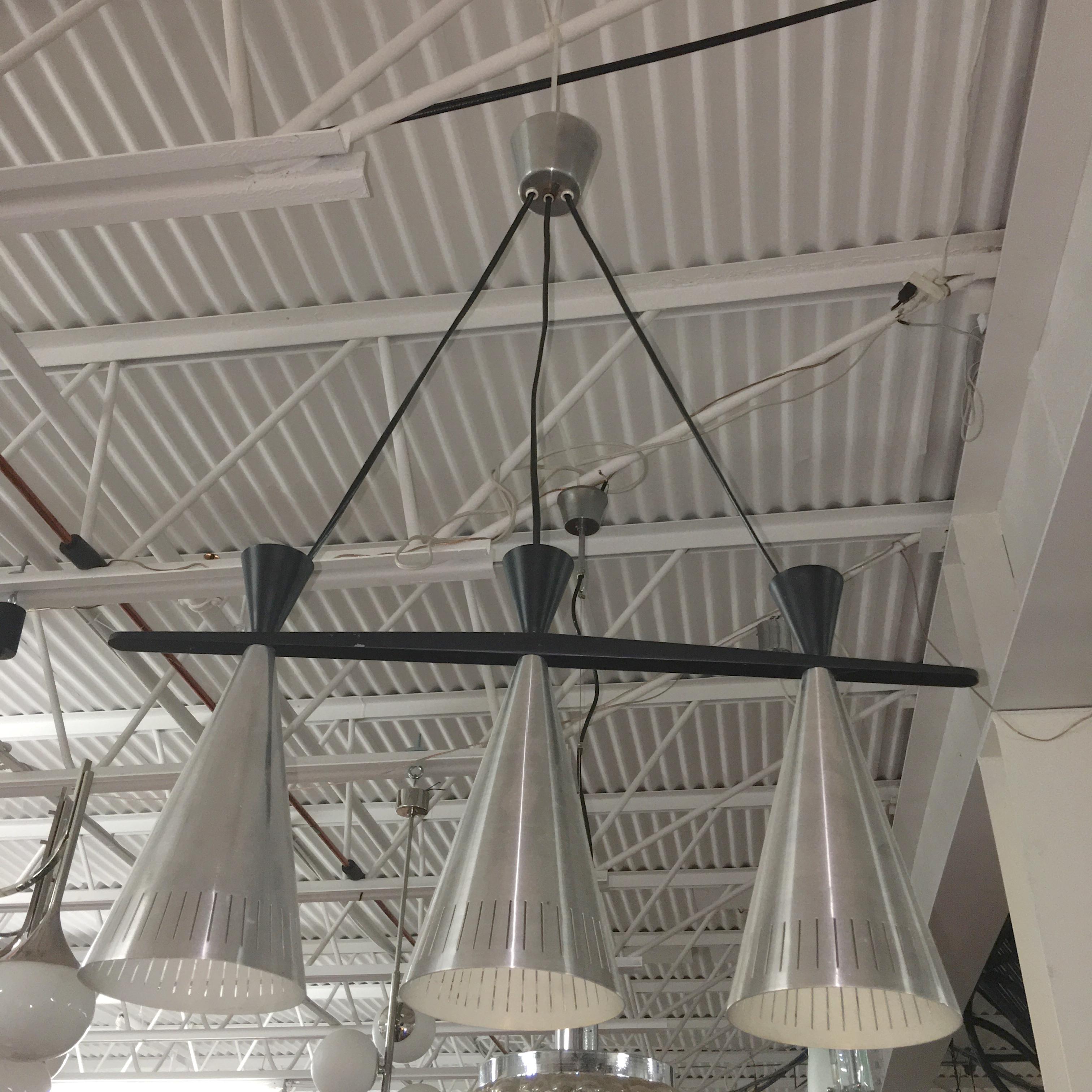 Aluminum Pair of Swedish Tri-Cone Linear Pendant Lamps For Sale