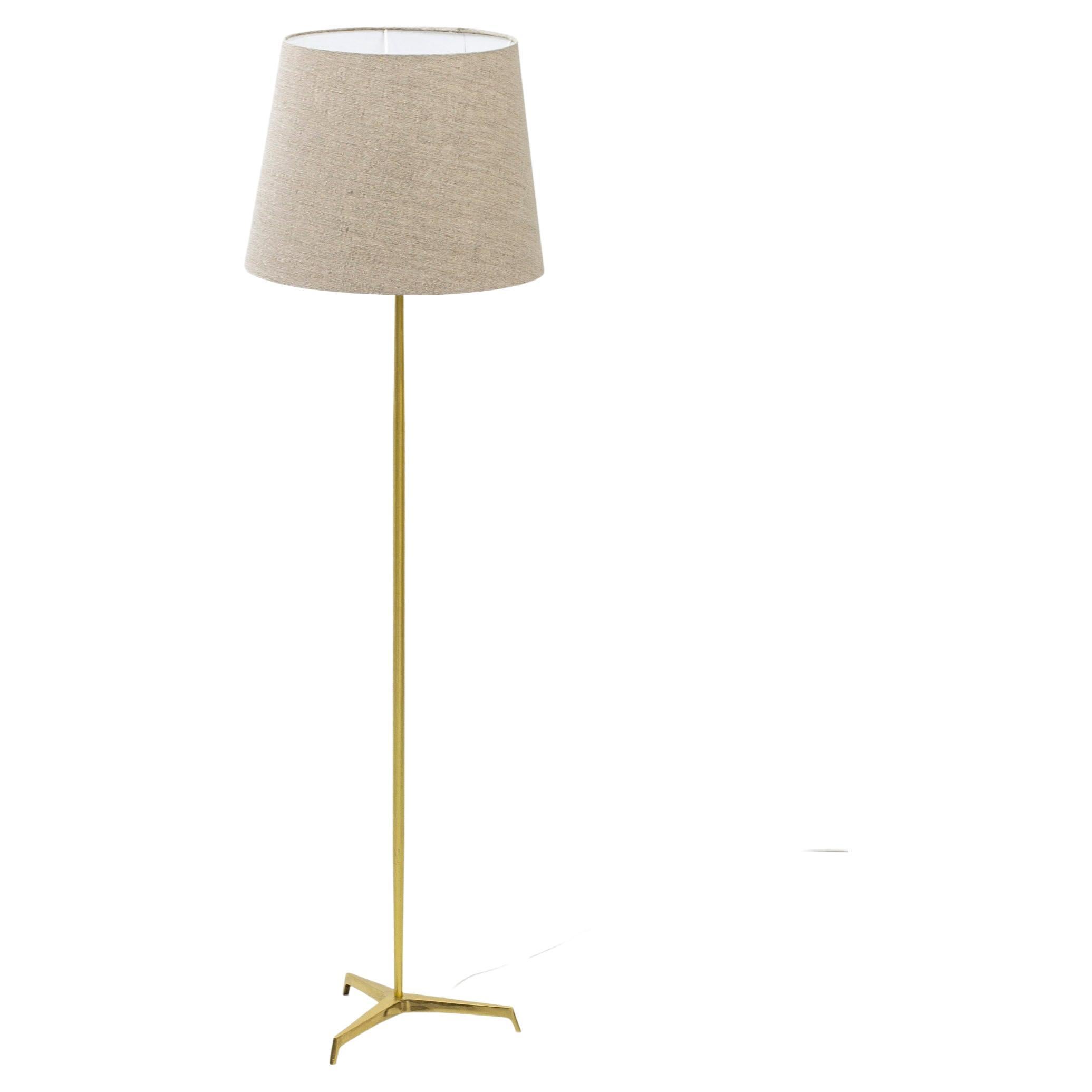 Swedish Tripod Floor Lamp in Polished Brass and Linen, Sweden, 1950s For Sale