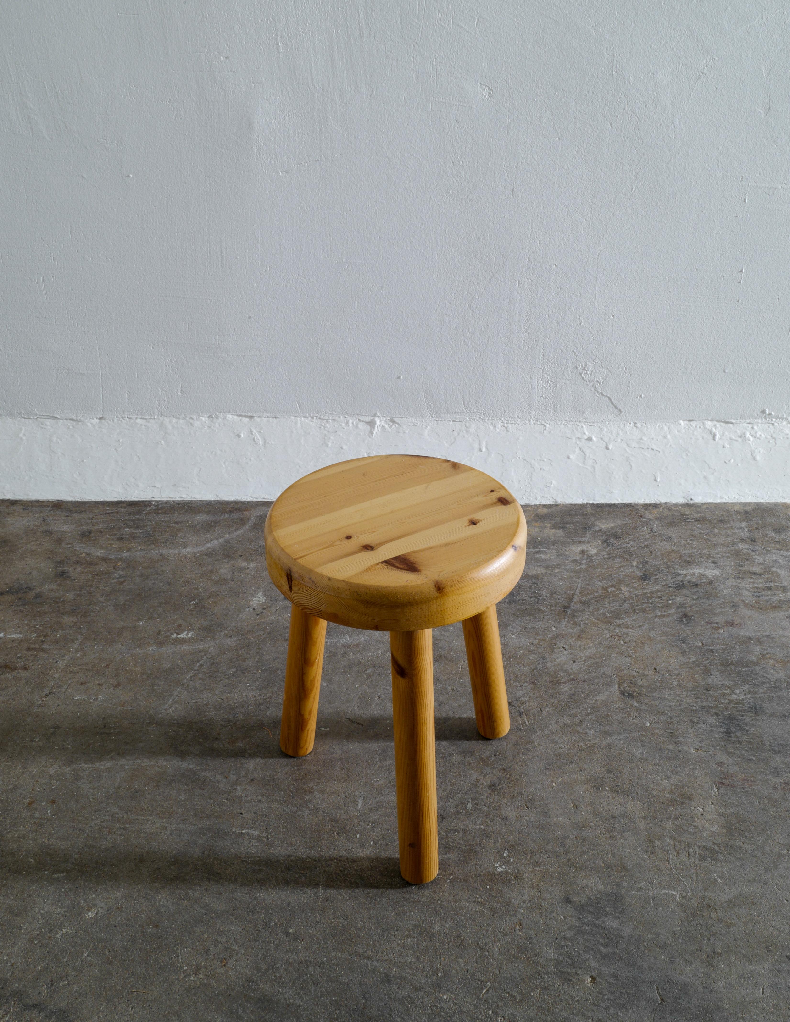 Stained Swedish Tripod Stool in Solid Pine, 1970s