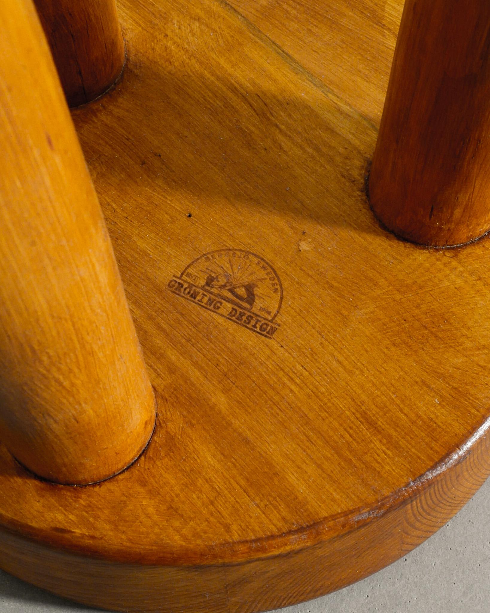 Late 20th Century Swedish Tripod Wooden Low Stool in Stained Pine For Sale