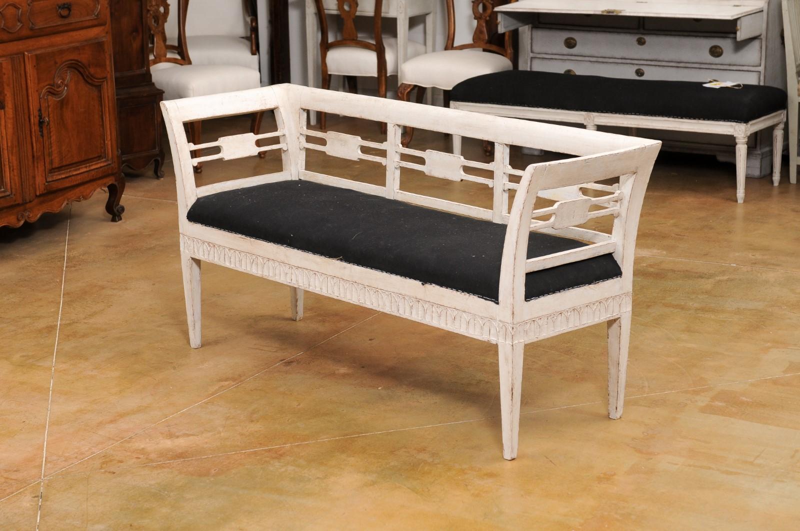 20th Century Swedish Turn of the Century Painted and Carved Bench with Out-Scrolling Arms