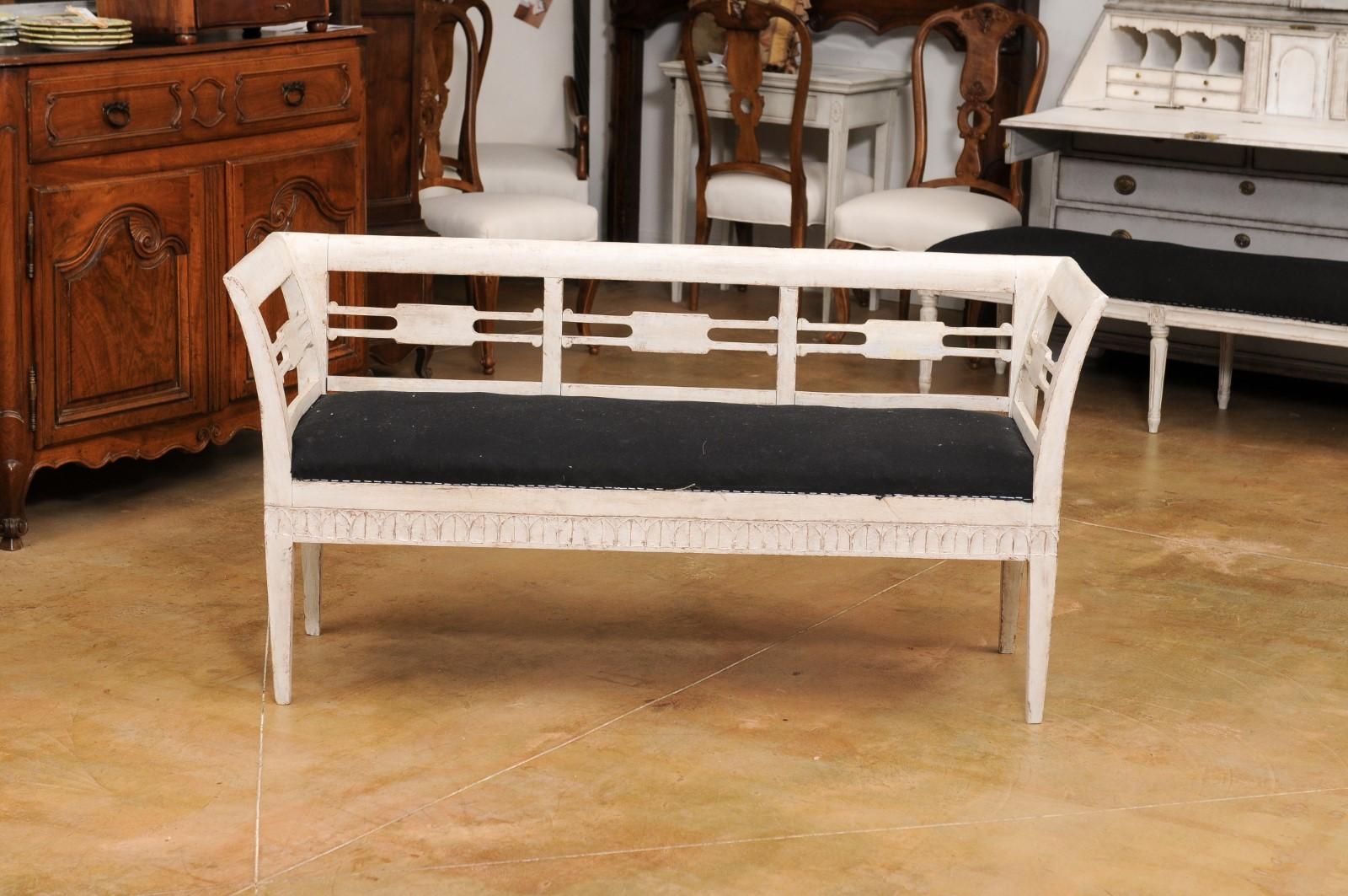 Upholstery Swedish Turn of the Century Painted and Carved Bench with Out-Scrolling Arms