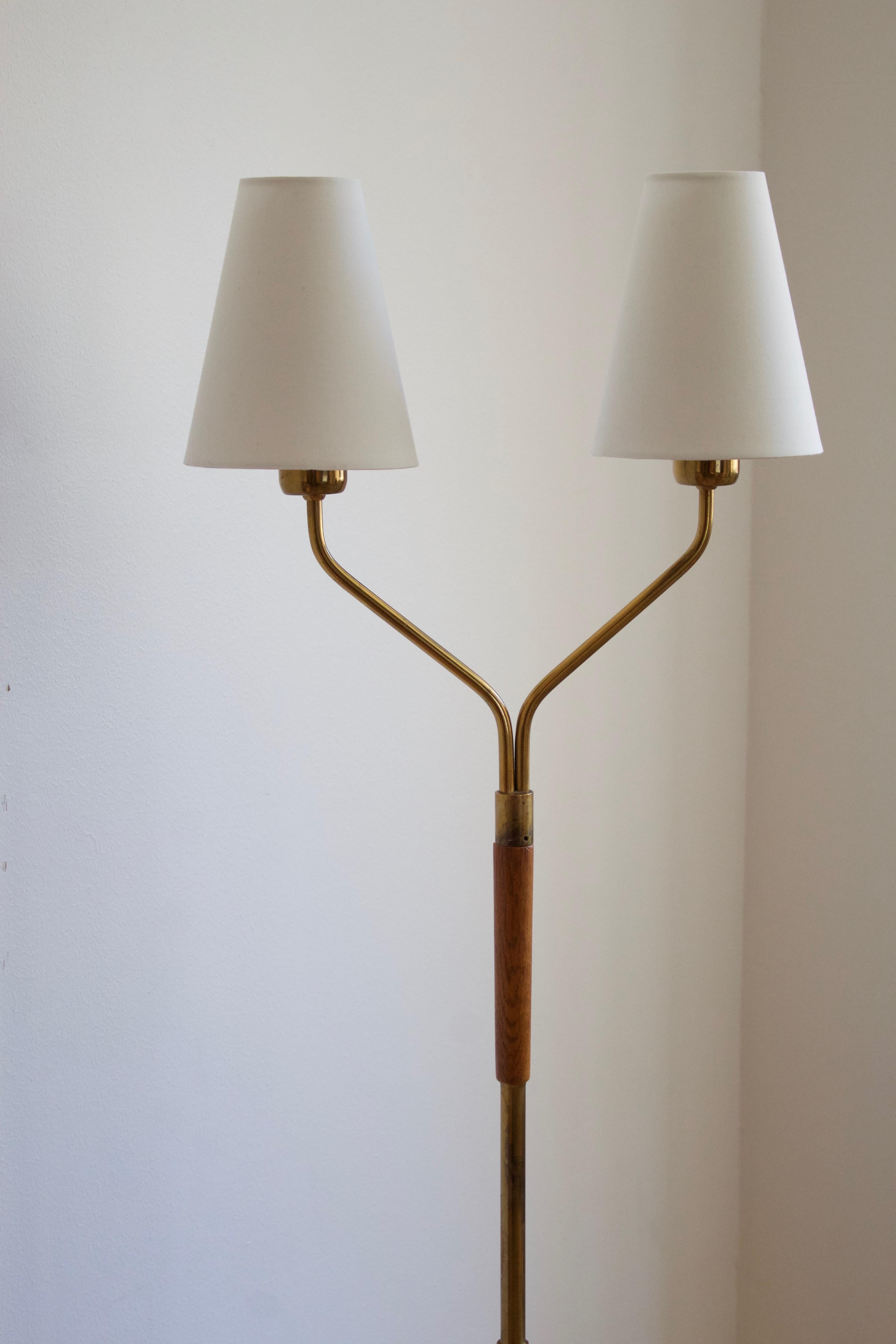 Mid-Century Modern Swedish, Two-Armed Floor Lamp, Brass, Teak, Fabric, Sweden, 1950s
