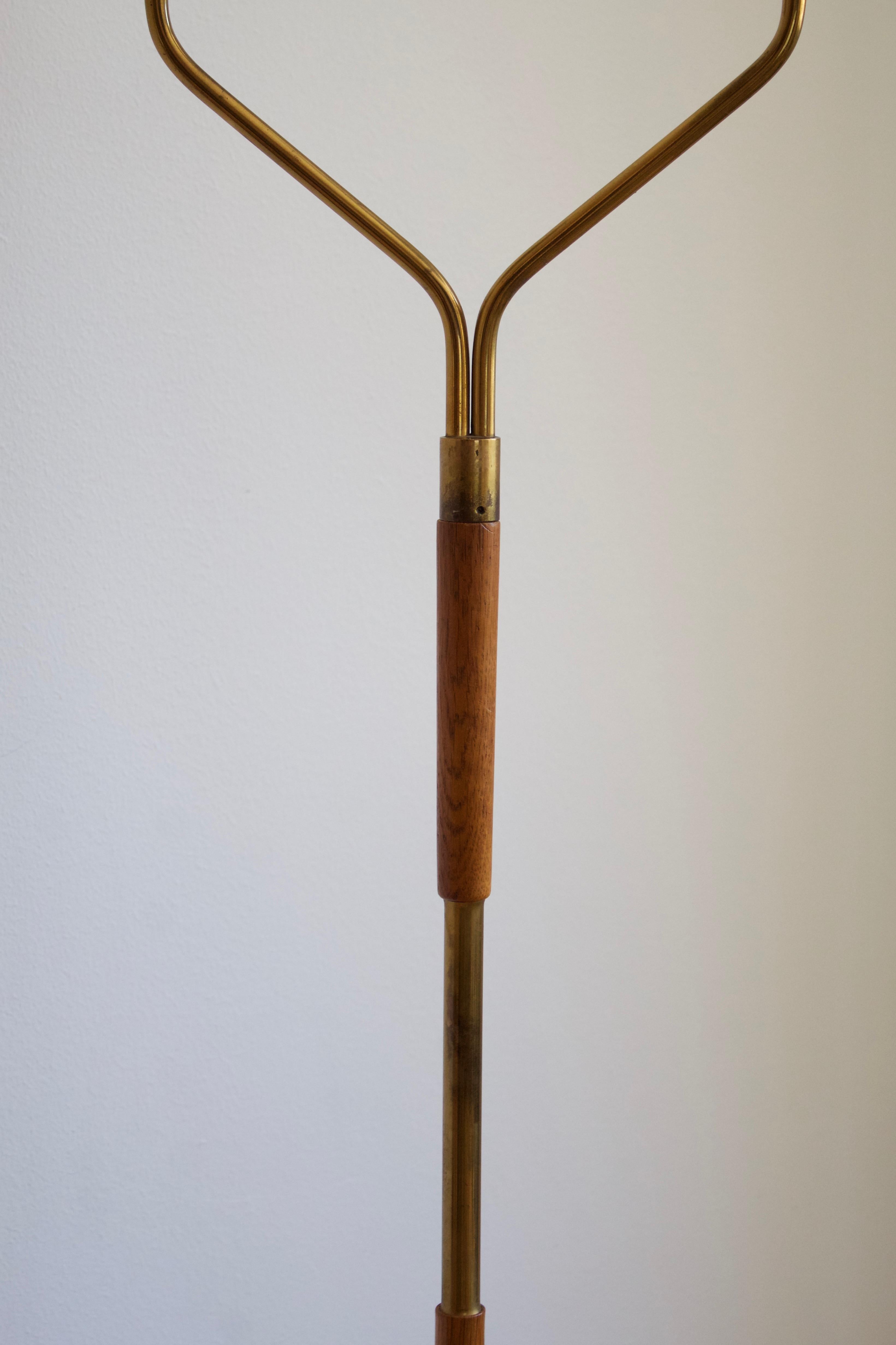 Swedish, Two-Armed Floor Lamp, Brass, Teak, Fabric, Sweden, 1950s In Good Condition In High Point, NC