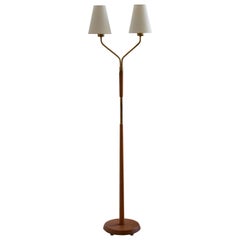 Swedish, Two-Armed Floor Lamp, Brass, Teak, Fabric, Sweden, 1950s