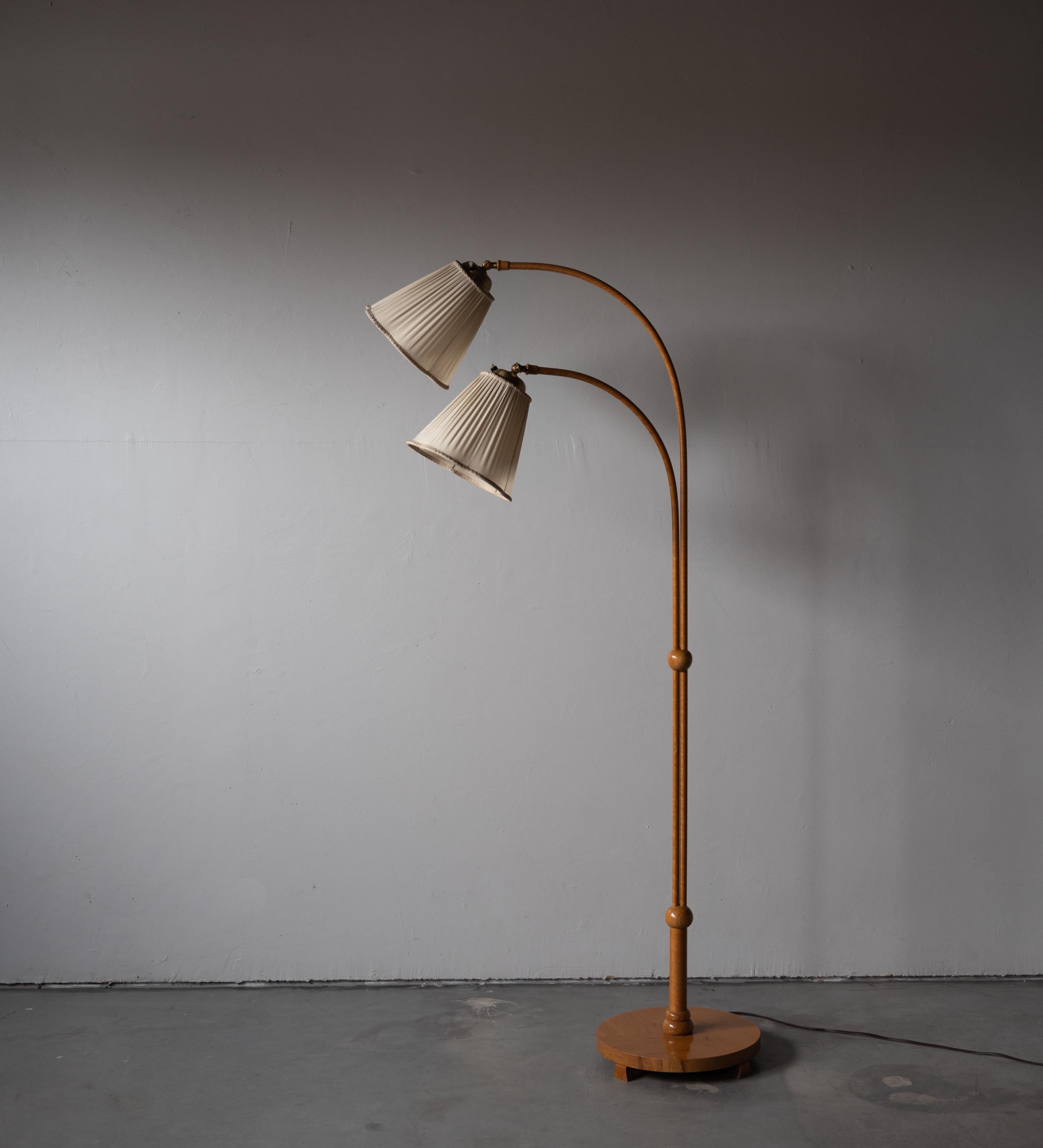 Swedish, Two-Armed Floor Lamp, Brass, Wrapped Wood Veneer, Fabric, 1930s In Good Condition In High Point, NC