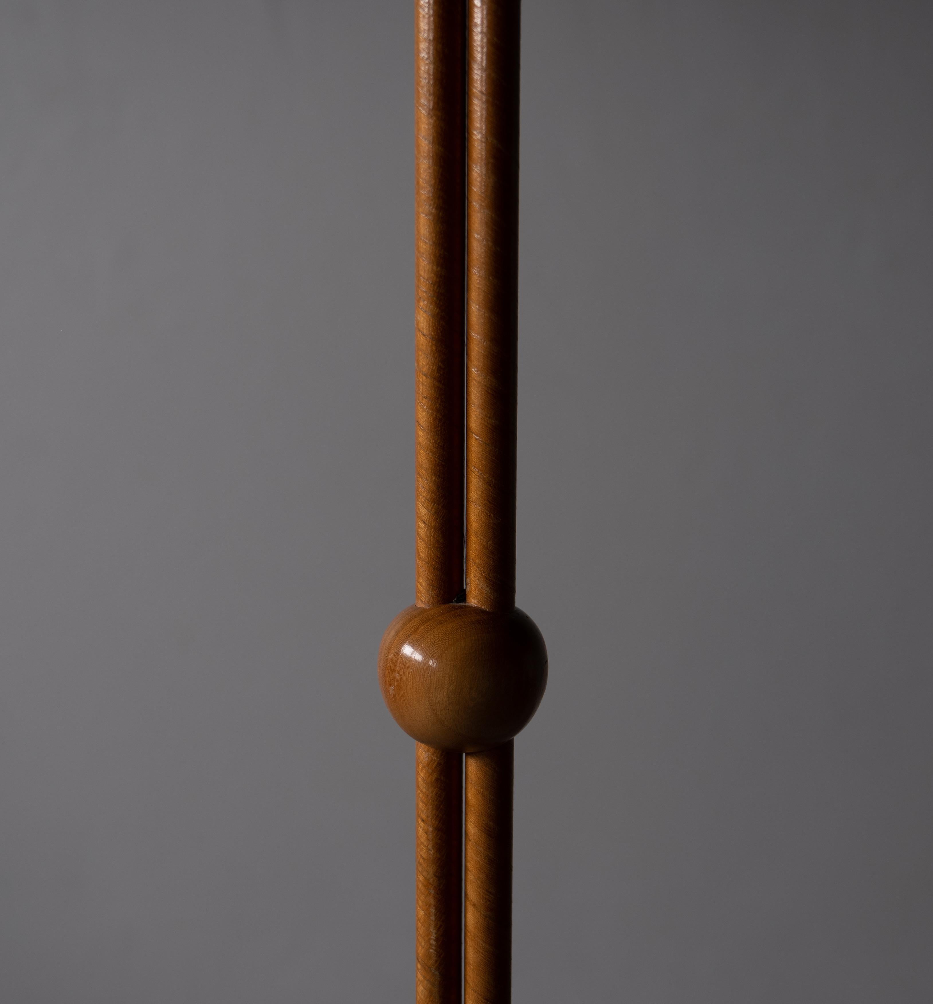 Mid-20th Century Swedish, Two-Armed Floor Lamp, Brass, Wrapped Wood Veneer, Fabric, 1930s