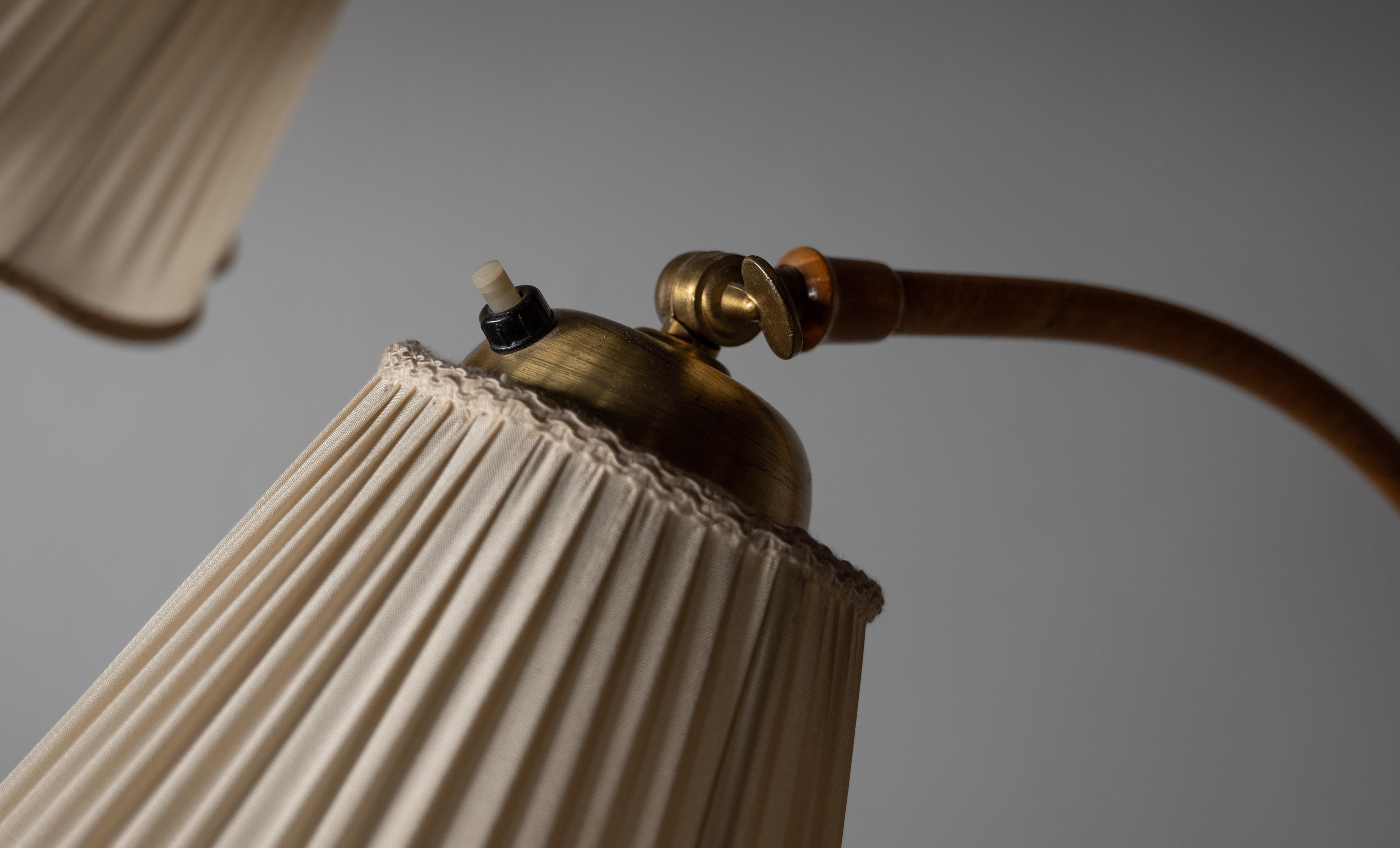 Swedish, Two-Armed Floor Lamp, Brass, Wrapped Wood Veneer, Fabric, 1930s 2