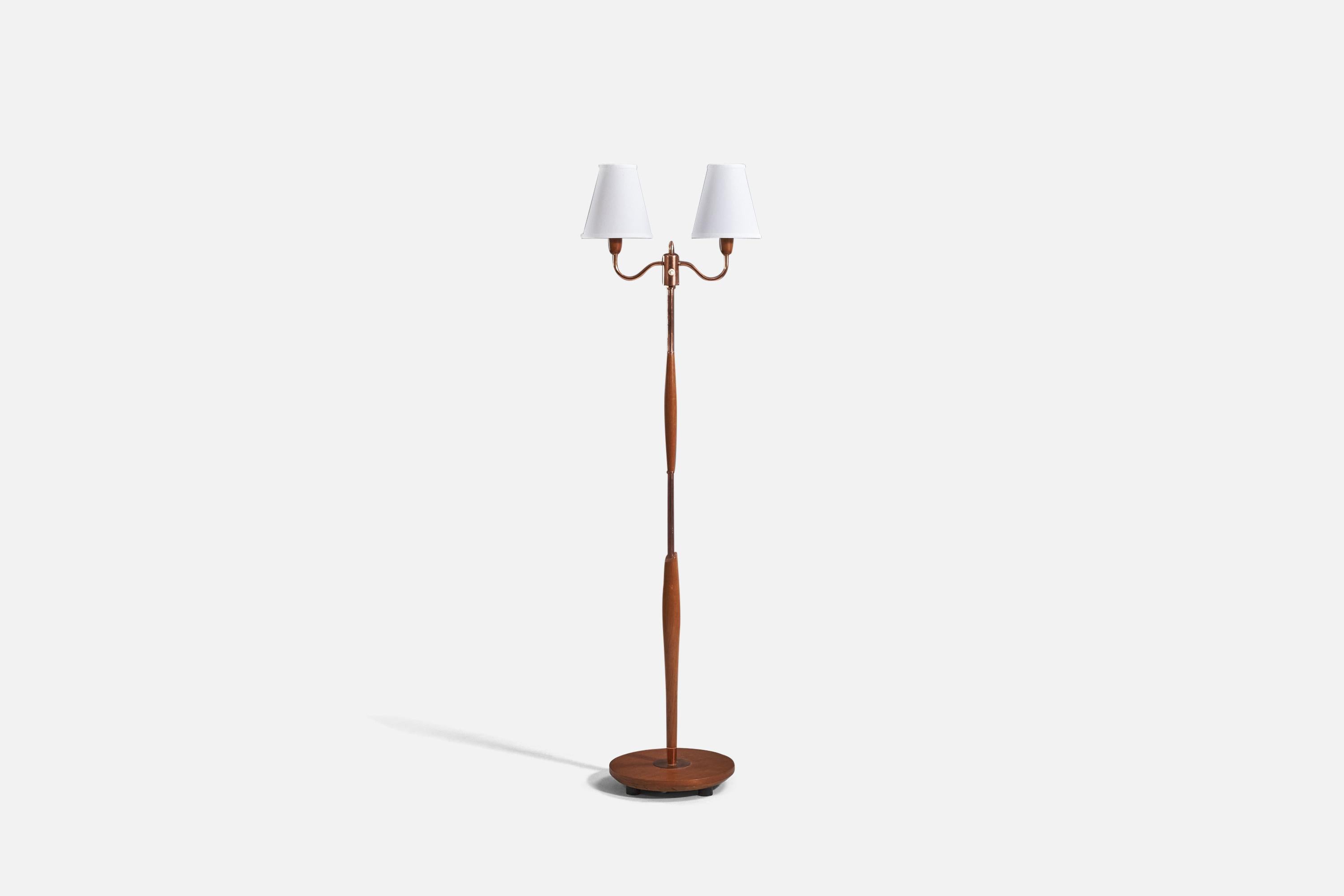 A copper, teak and fabric floor lamp designed and produced in Sweden, 1950s-1960s. 

Sold with Lampshade(s). 
Stated dimensions refer to the Floor Lamp with the Shade(s). 

Socket takes E-14 bulb.
There is no maximum wattage stated on the fixture.

 