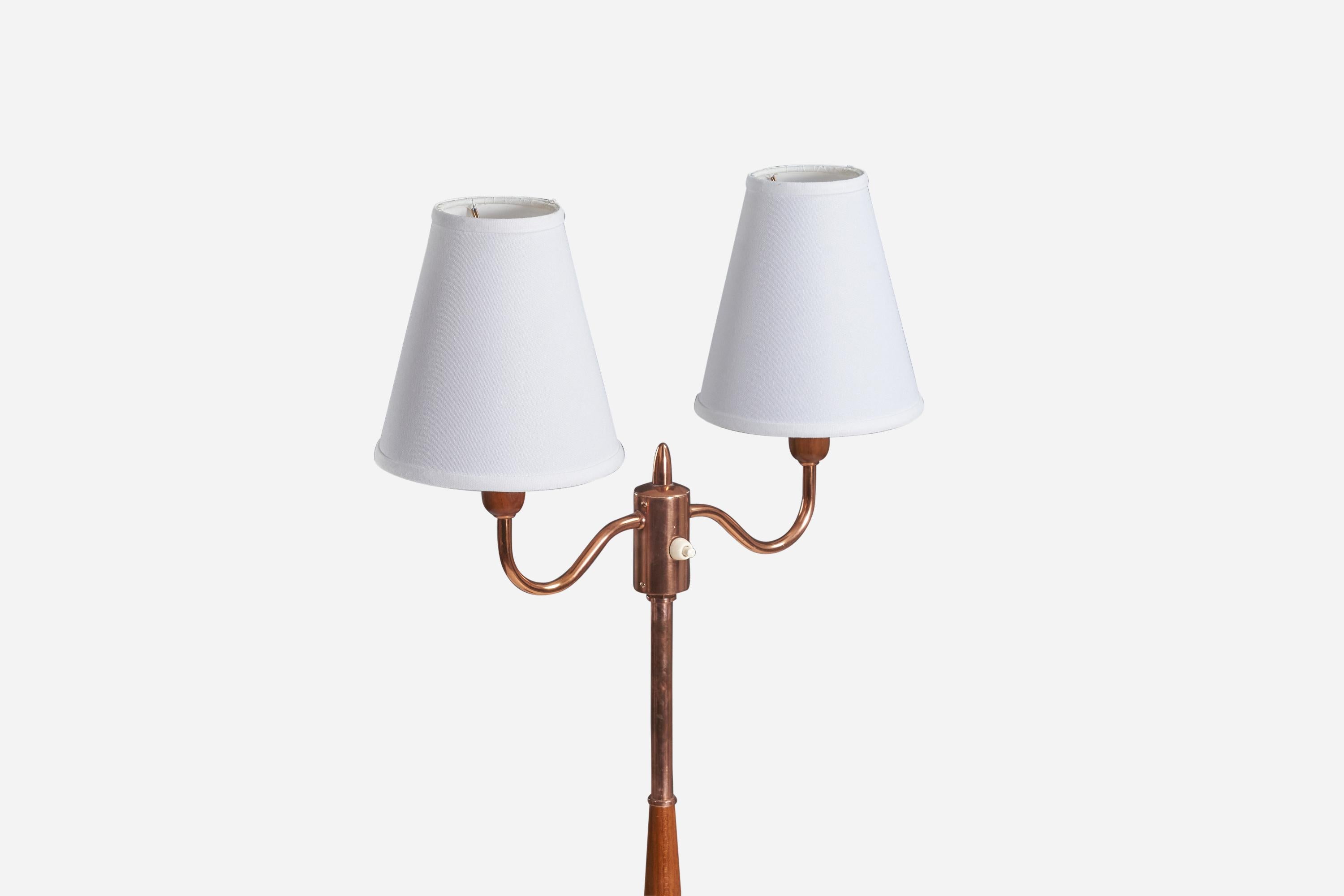 Mid-Century Modern Swedish, Two-Armed Floor Lamp, Copper, Teak, Fabric, Sweden, c. 1950s For Sale