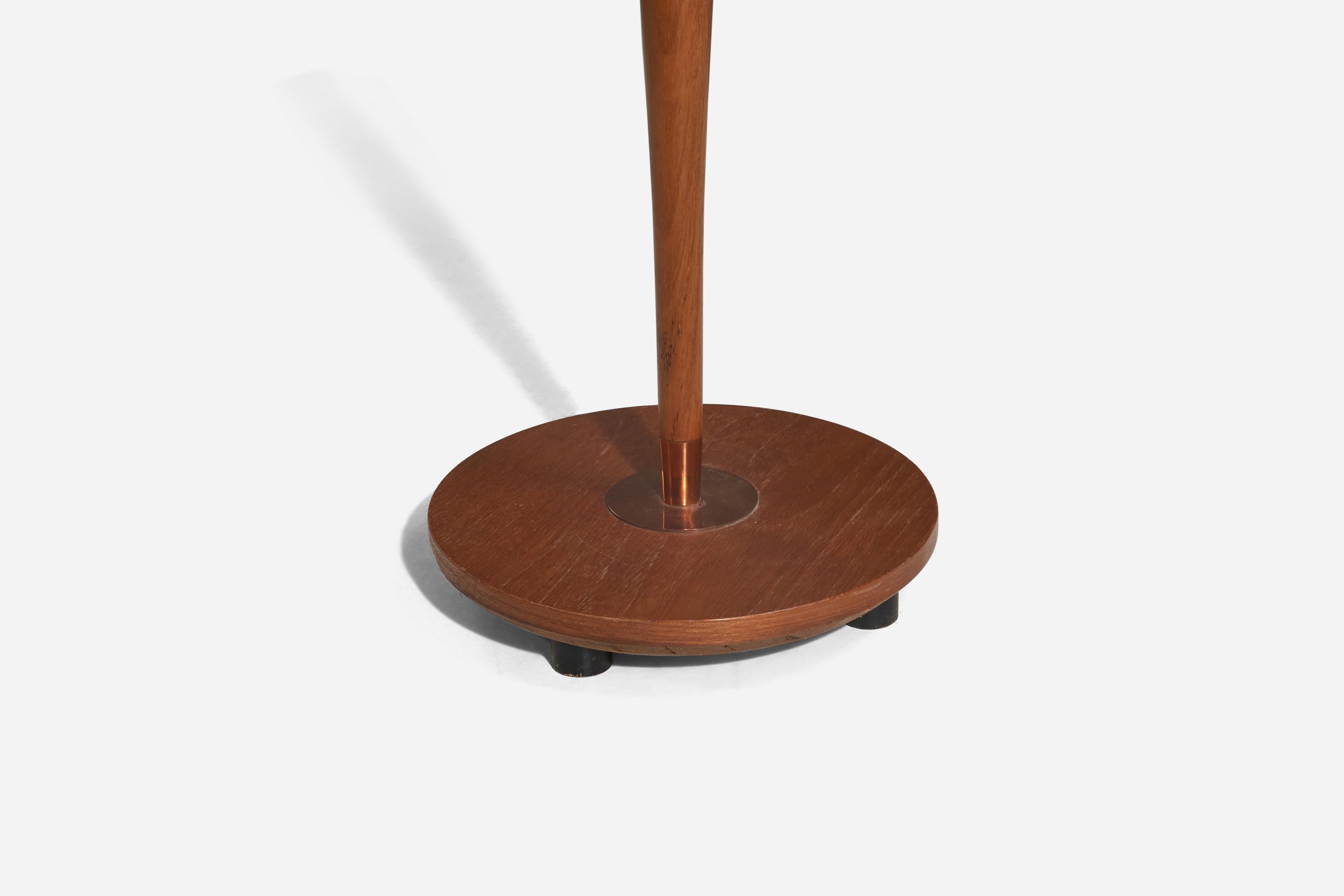 Mid-20th Century Swedish, Two-Armed Floor Lamp, Copper, Teak, Fabric, Sweden, c. 1950s For Sale