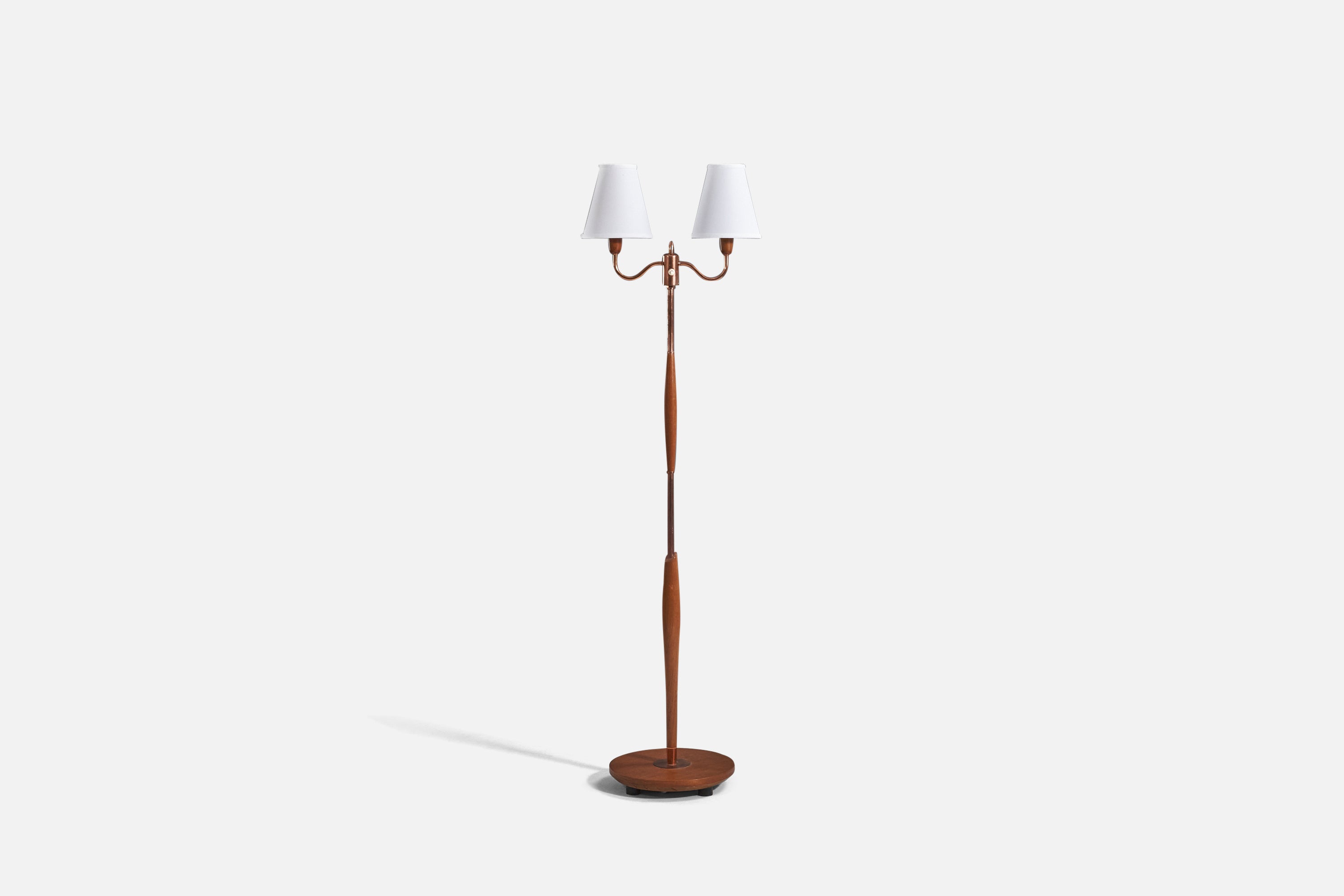 Swedish, Two-Armed Floor Lamp, Copper, Teak, Fabric, Sweden, c. 1950s