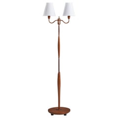 Swedish, Two-Armed Floor Lamp, Copper, Teak, Fabric, Sweden, c. 1950s