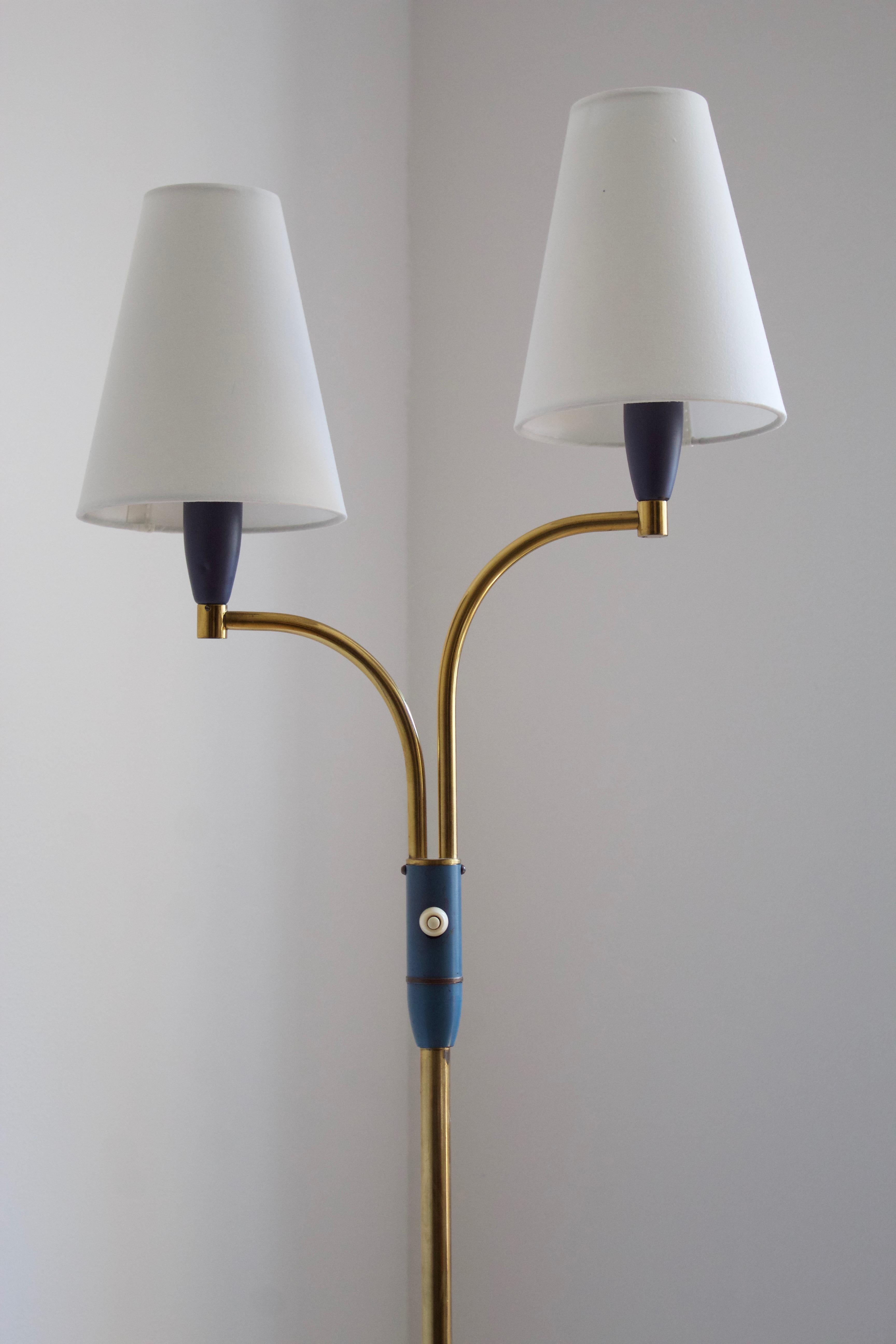 Mid-Century Modern Swedish, Two-Armed Floor Lamp, Lacquered Metal, Brass, Fabric, Sweden, 1950s