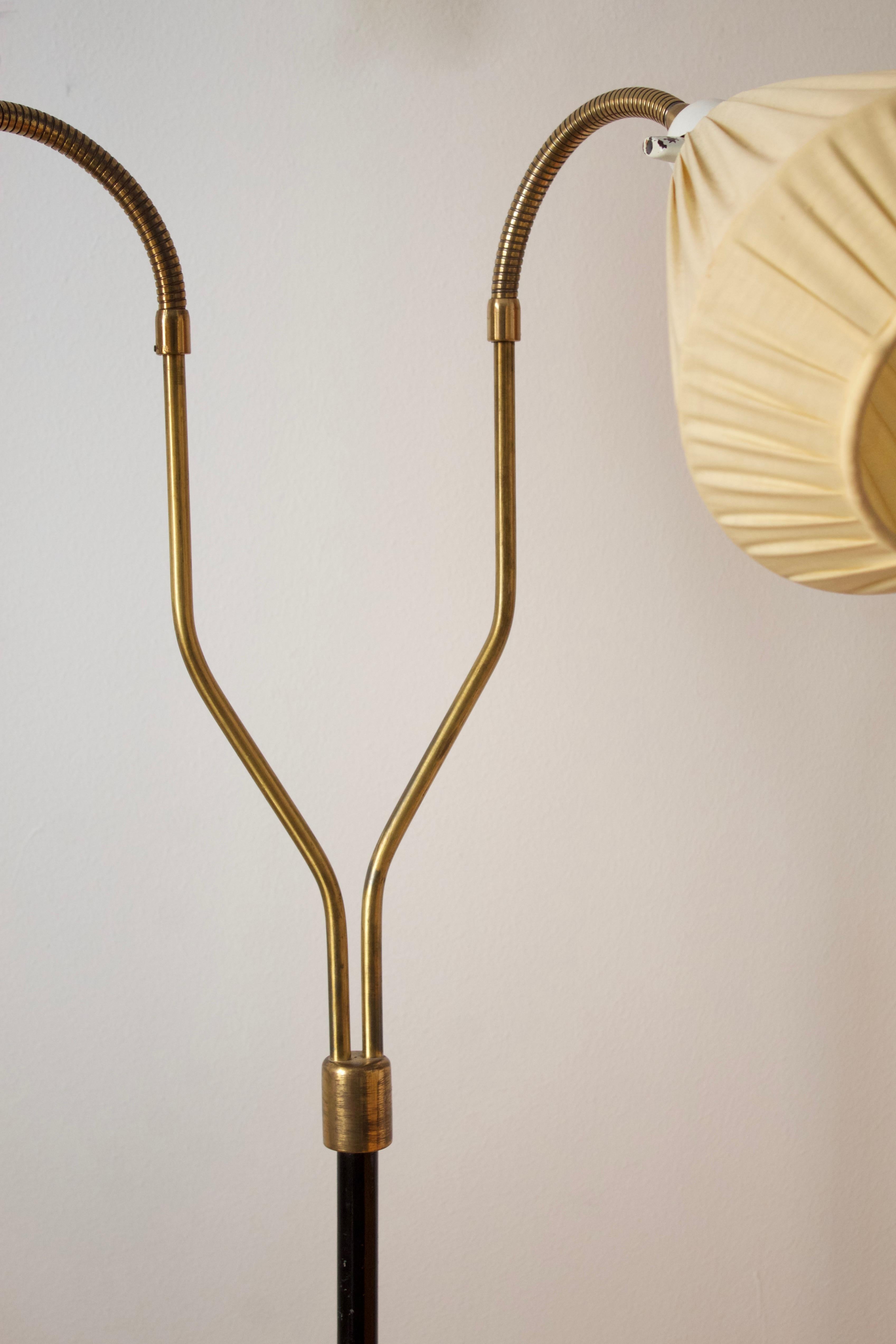Swedish, Two-Armed Floor Lamp, Lacquered Metal, Brass, Fabric, Sweden, 1950s In Fair Condition In High Point, NC