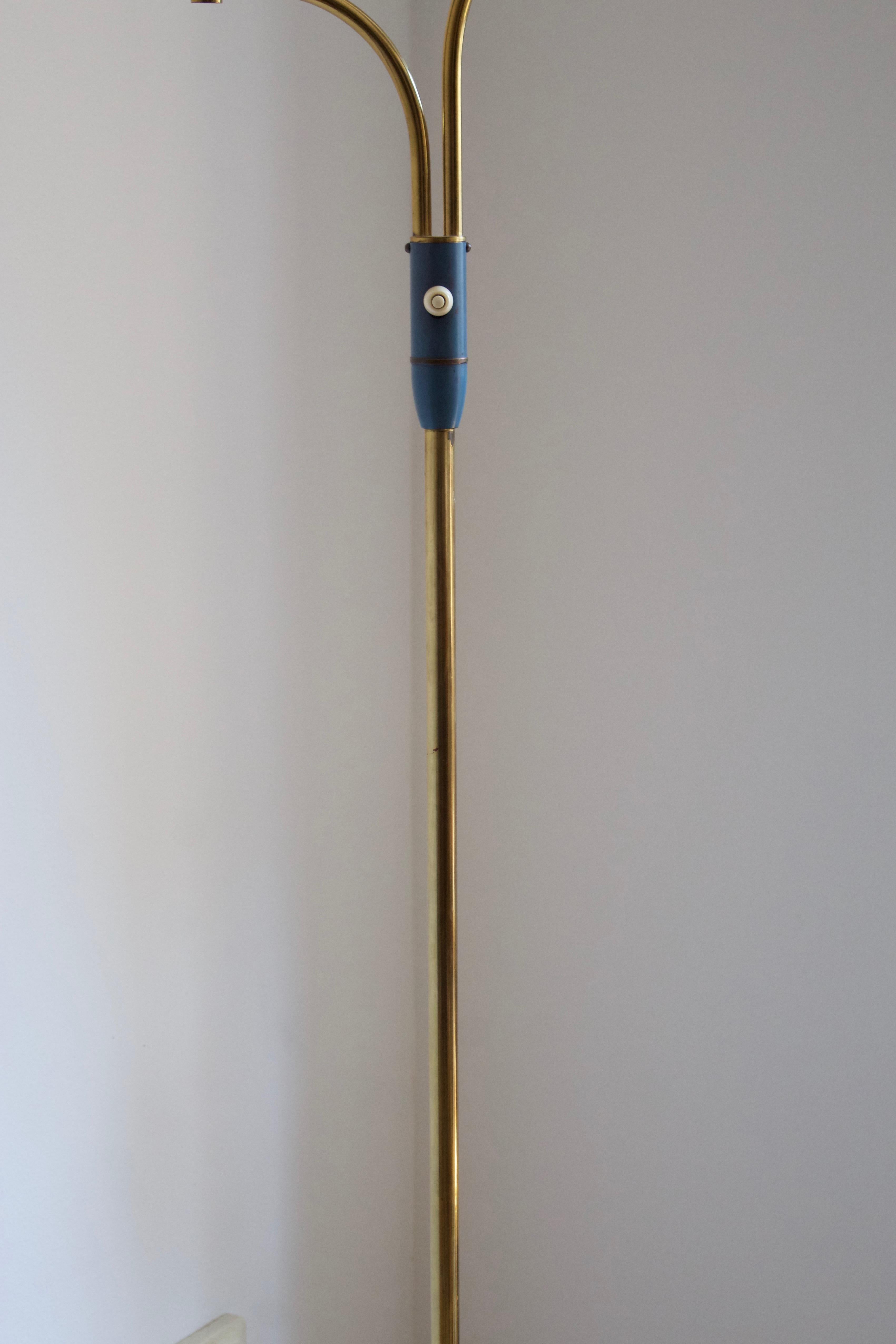 Swedish, Two-Armed Floor Lamp, Lacquered Metal, Brass, Fabric, Sweden, 1950s In Good Condition In High Point, NC