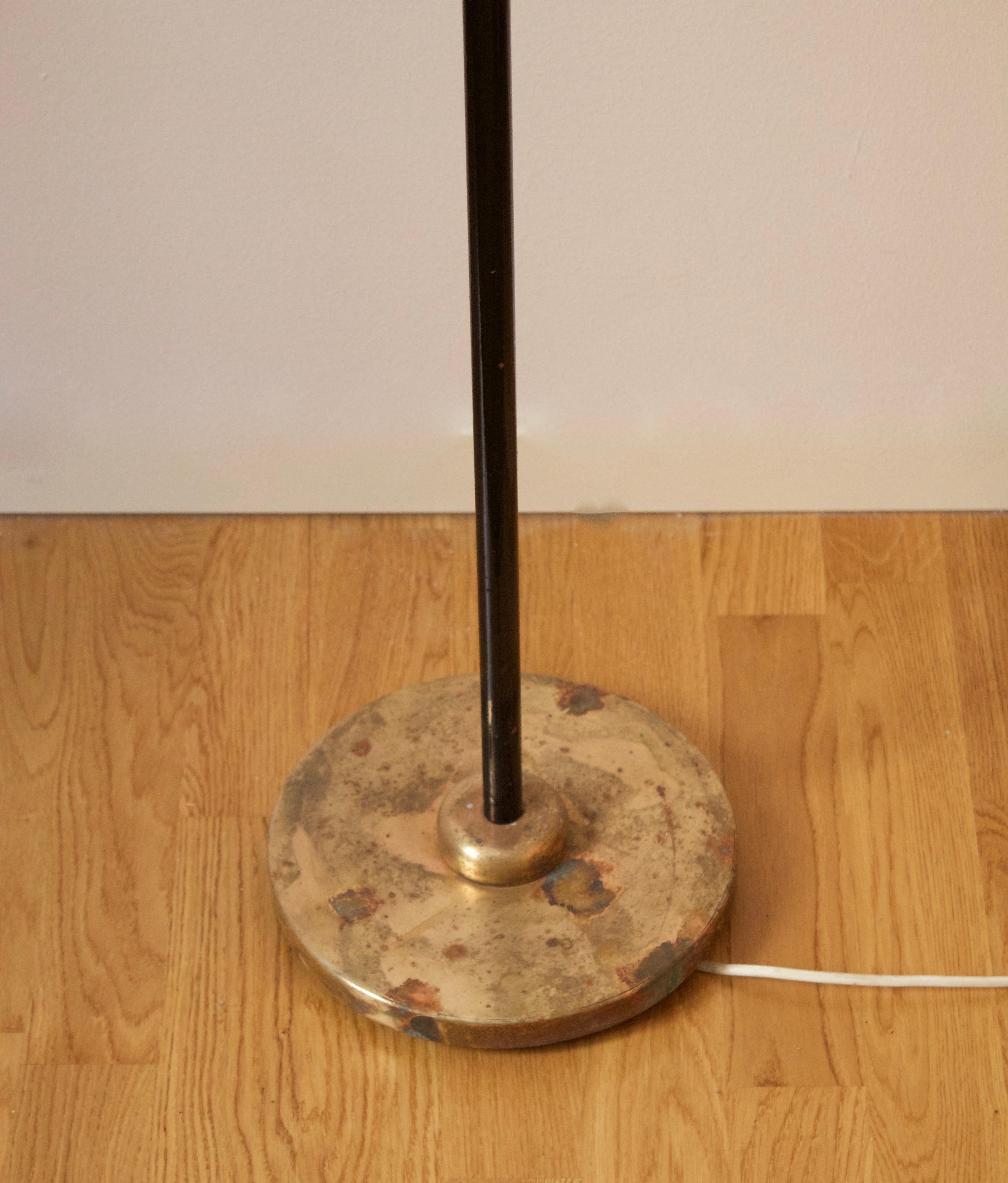 Mid-20th Century Swedish, Two-Armed Floor Lamp, Lacquered Metal, Brass, Fabric, Sweden, 1950s