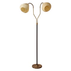Swedish, Two-Armed Floor Lamp, Lacquered Metal, Brass, Fabric, Sweden, 1950s