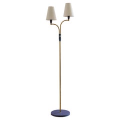 Swedish, Two-Armed Floor Lamp, Lacquered Metal, Brass, Fabric, Sweden, 1950s