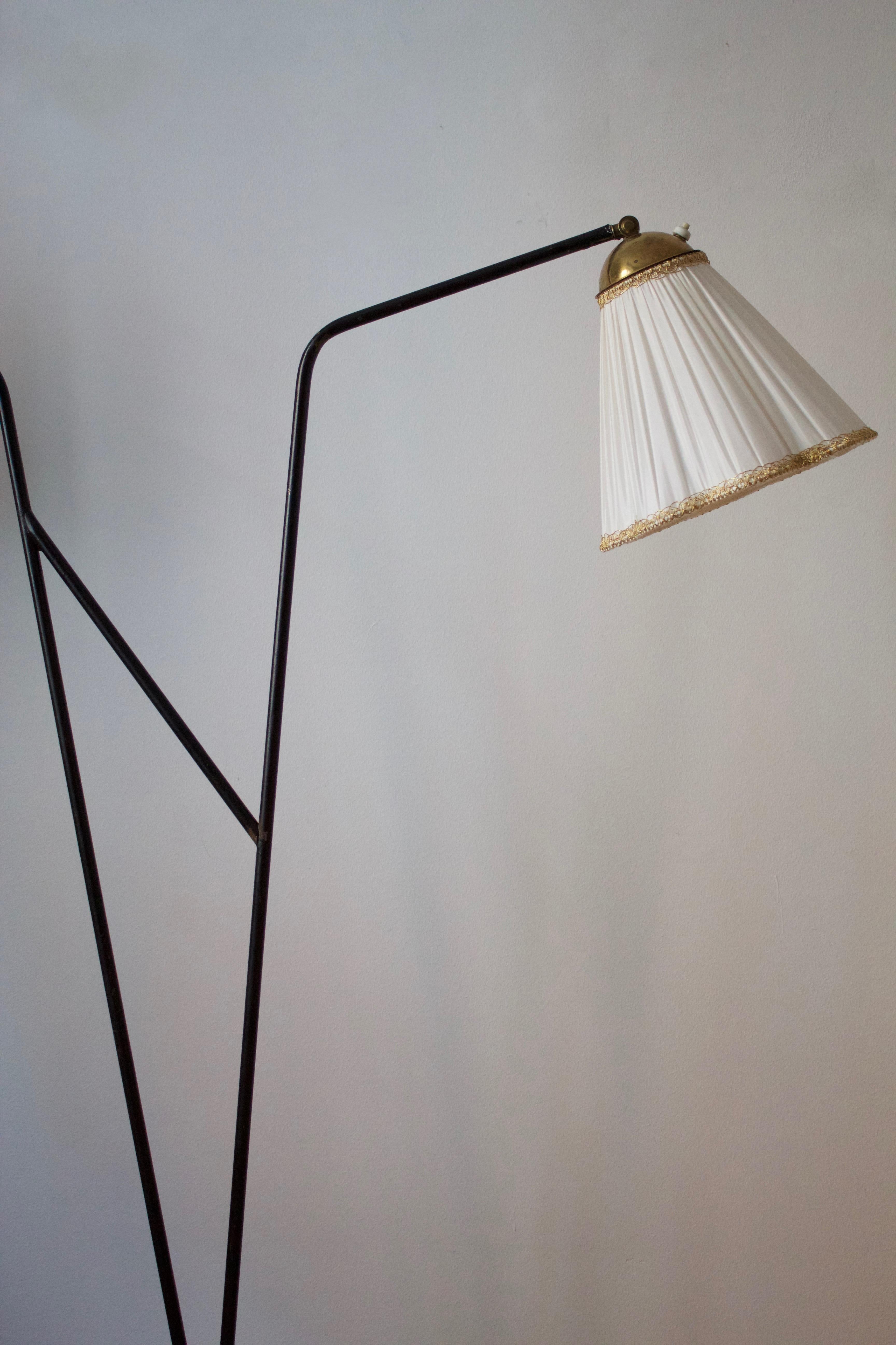 Mid-Century Modern Swedish, Two-Armed Floor Lamp, Lacquered Metal, Brass, Wood, Fabric Sweden 1950s
