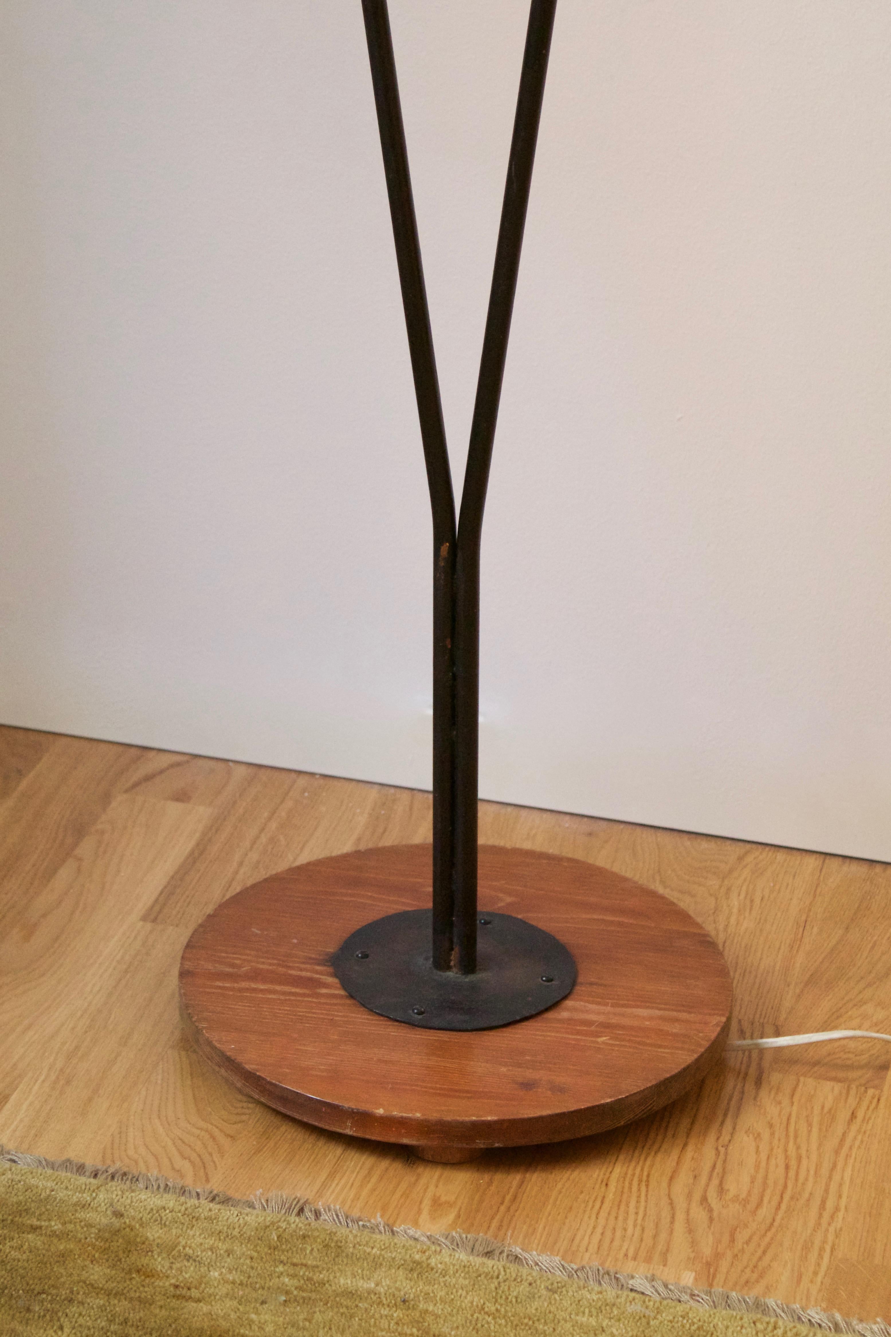 Mid-20th Century Swedish, Two-Armed Floor Lamp, Lacquered Metal, Brass, Wood, Fabric Sweden 1950s