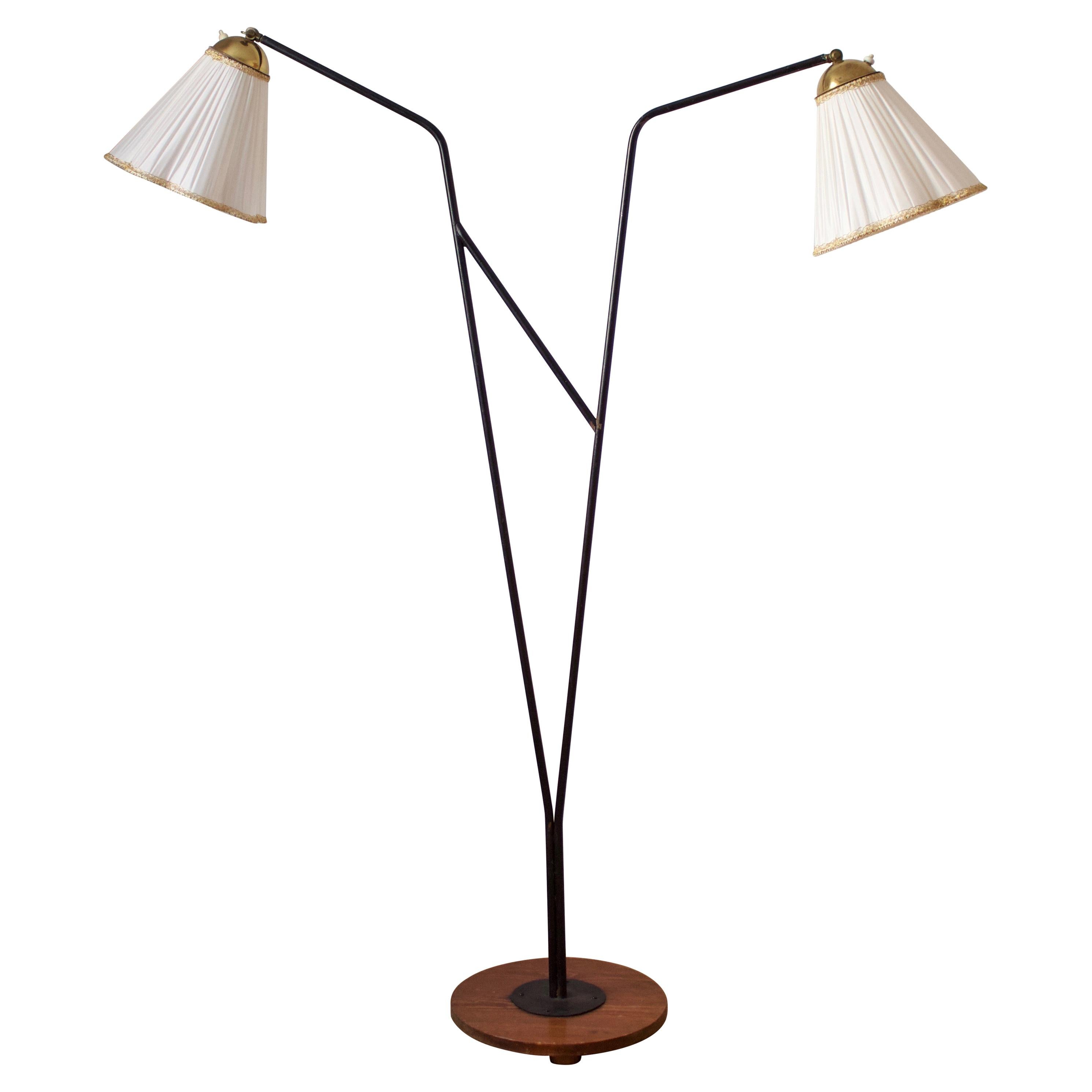 Swedish, Two-Armed Floor Lamp, Lacquered Metal, Brass, Wood, Fabric Sweden 1950s