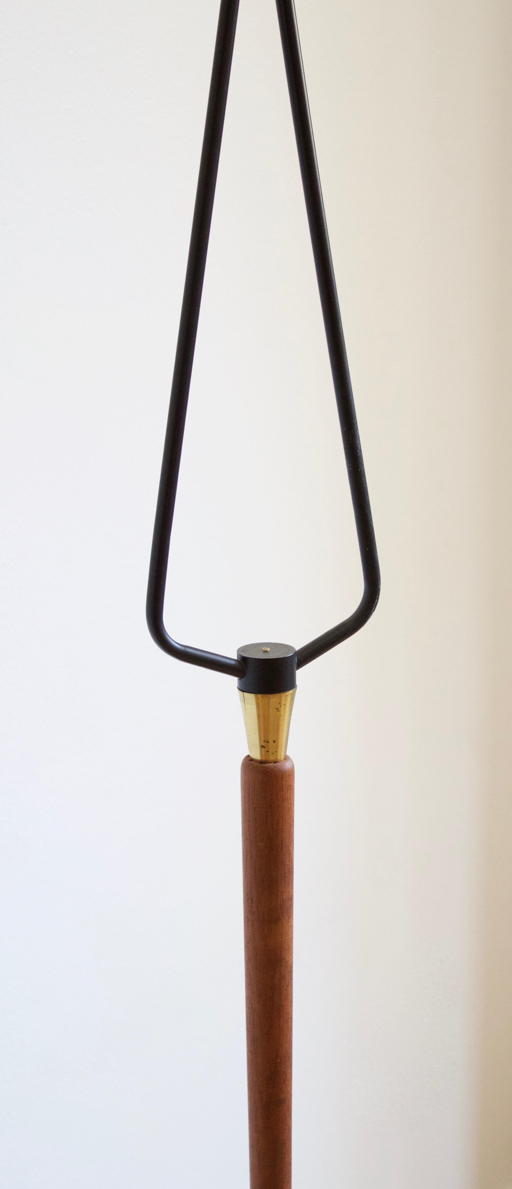 Swedish, Two-Armed Floor Lamp, Lacquered Metal Teak Brass, Rattan, Sweden, 1950s In Good Condition In High Point, NC