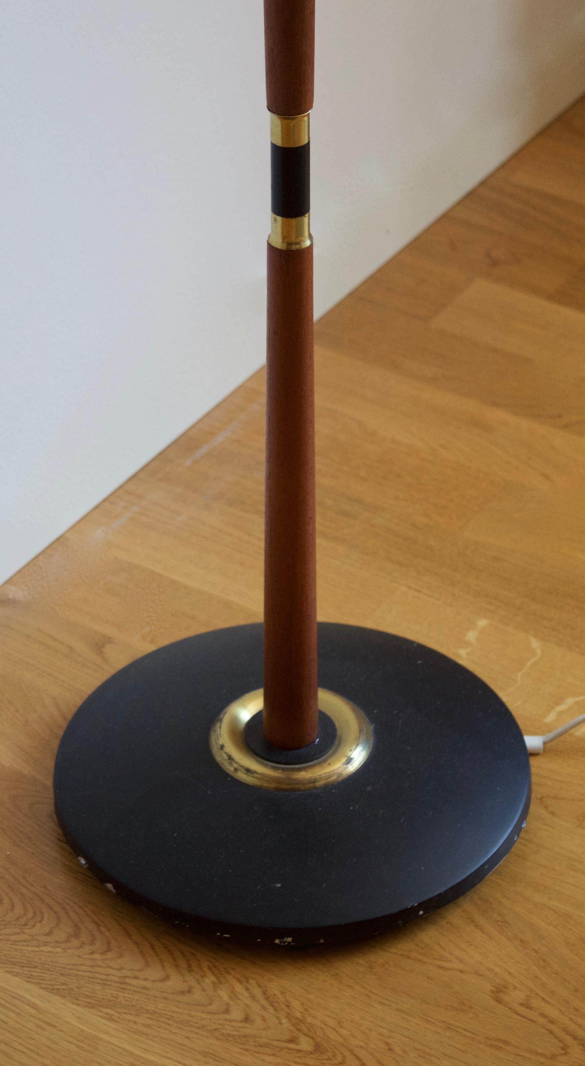 Mid-20th Century Swedish, Two-Armed Floor Lamp, Lacquered Metal Teak Brass, Rattan, Sweden, 1950s
