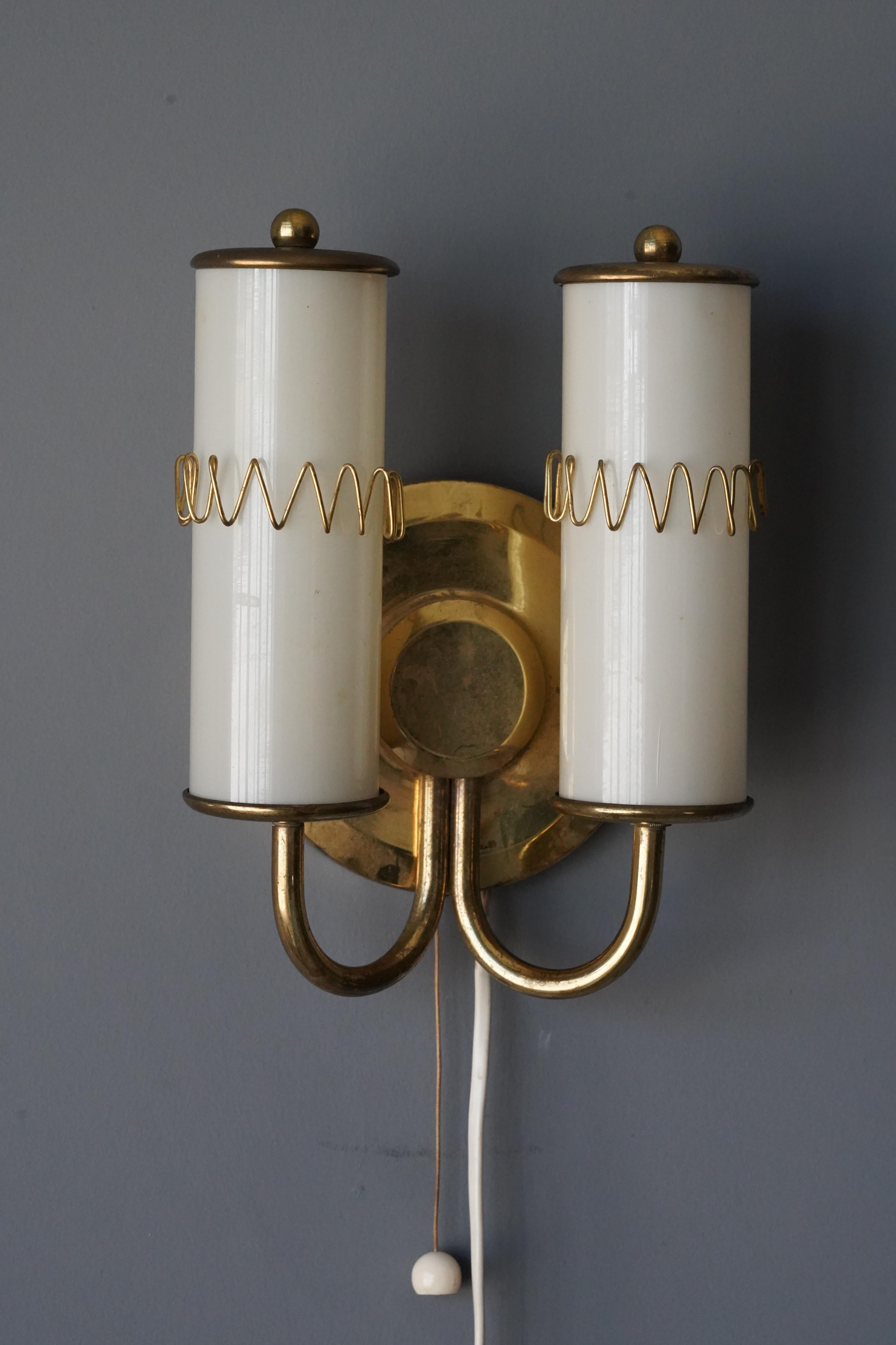 Swedish, Two-Armed Wall Light, Brass, Milk Glass, Sweden, 1950s In Good Condition In High Point, NC