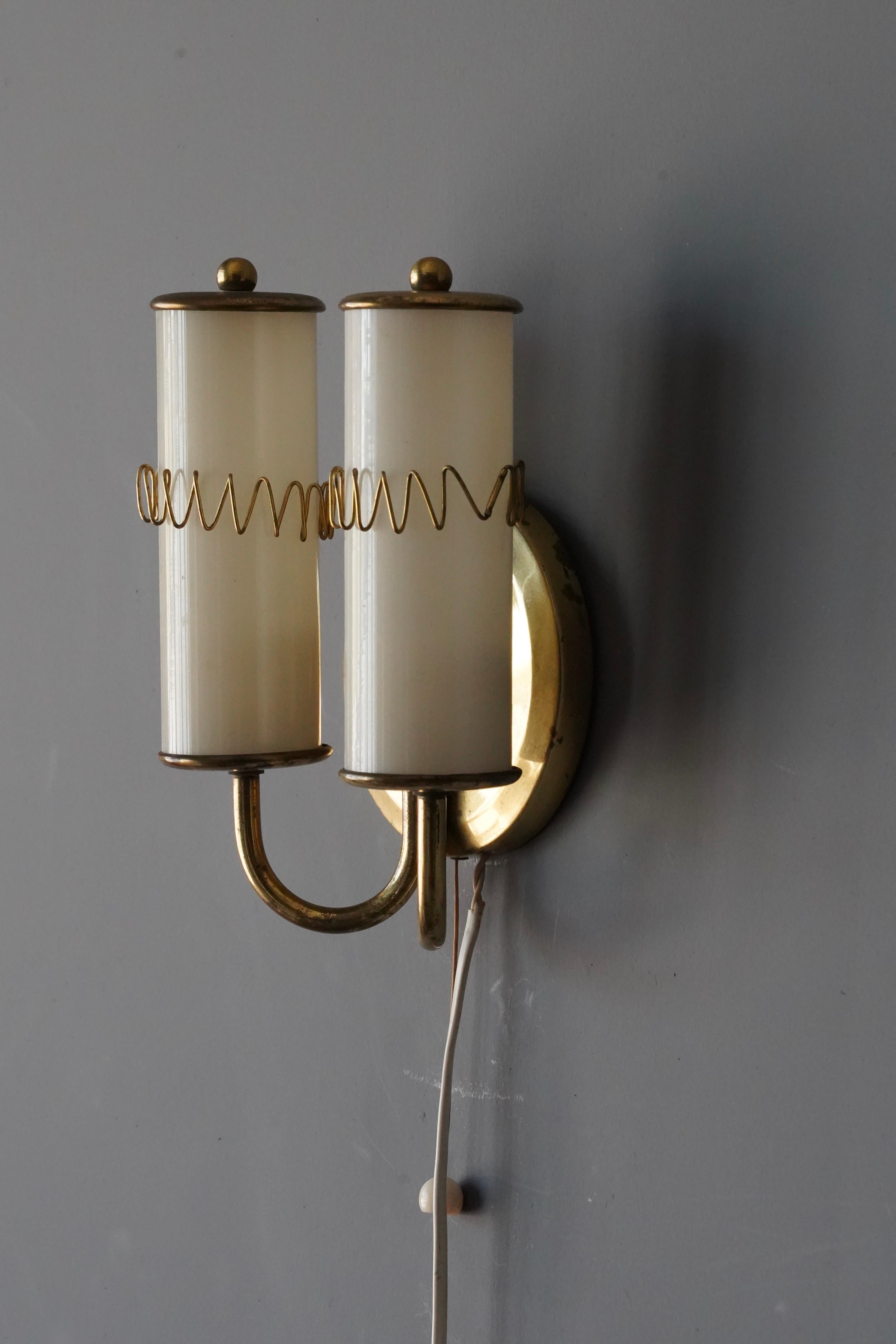 Mid-20th Century Swedish, Two-Armed Wall Light, Brass, Milk Glass, Sweden, 1950s