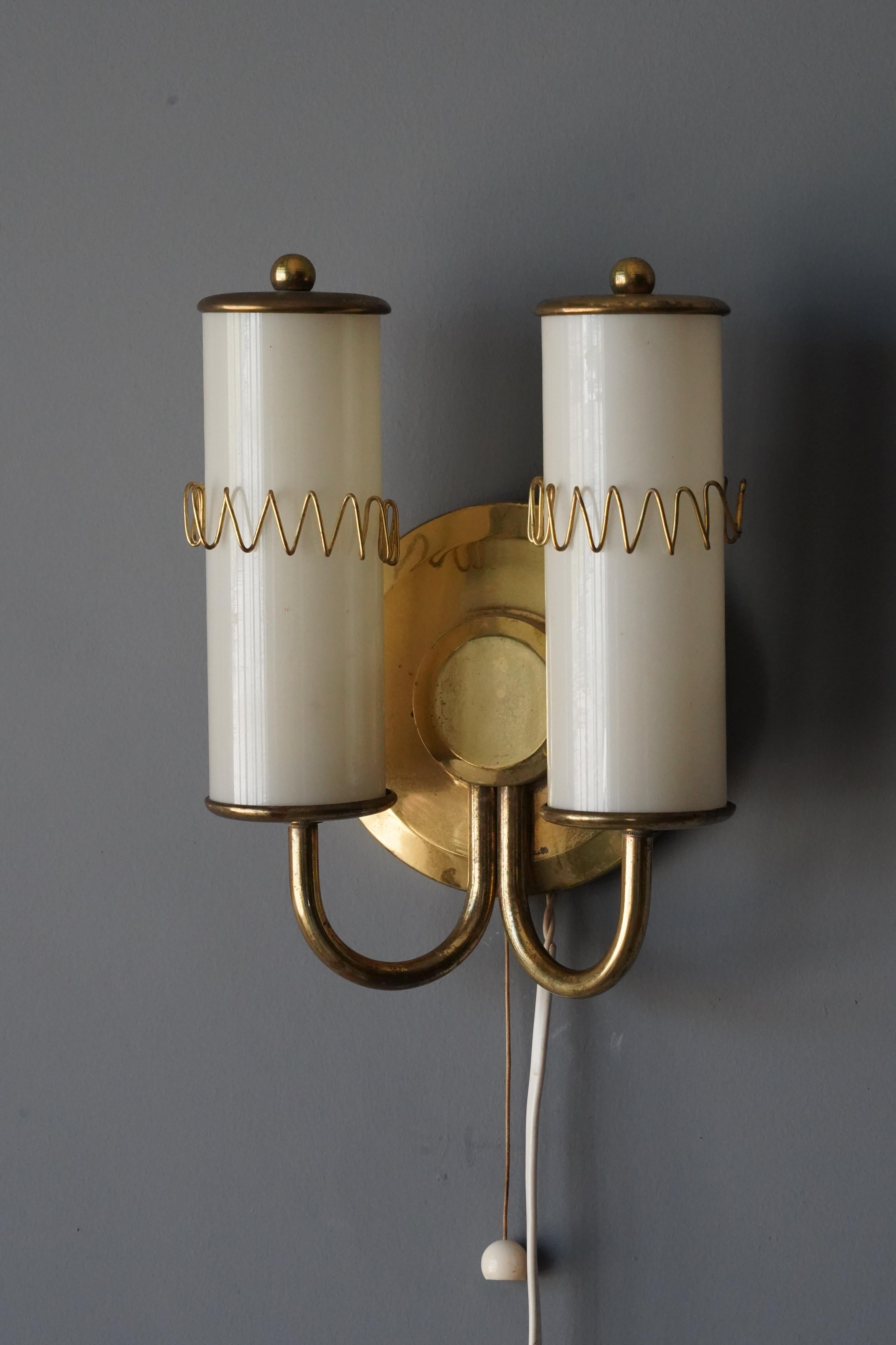 Swedish, Two-Armed Wall Light, Brass, Milk Glass, Sweden, 1950s 1
