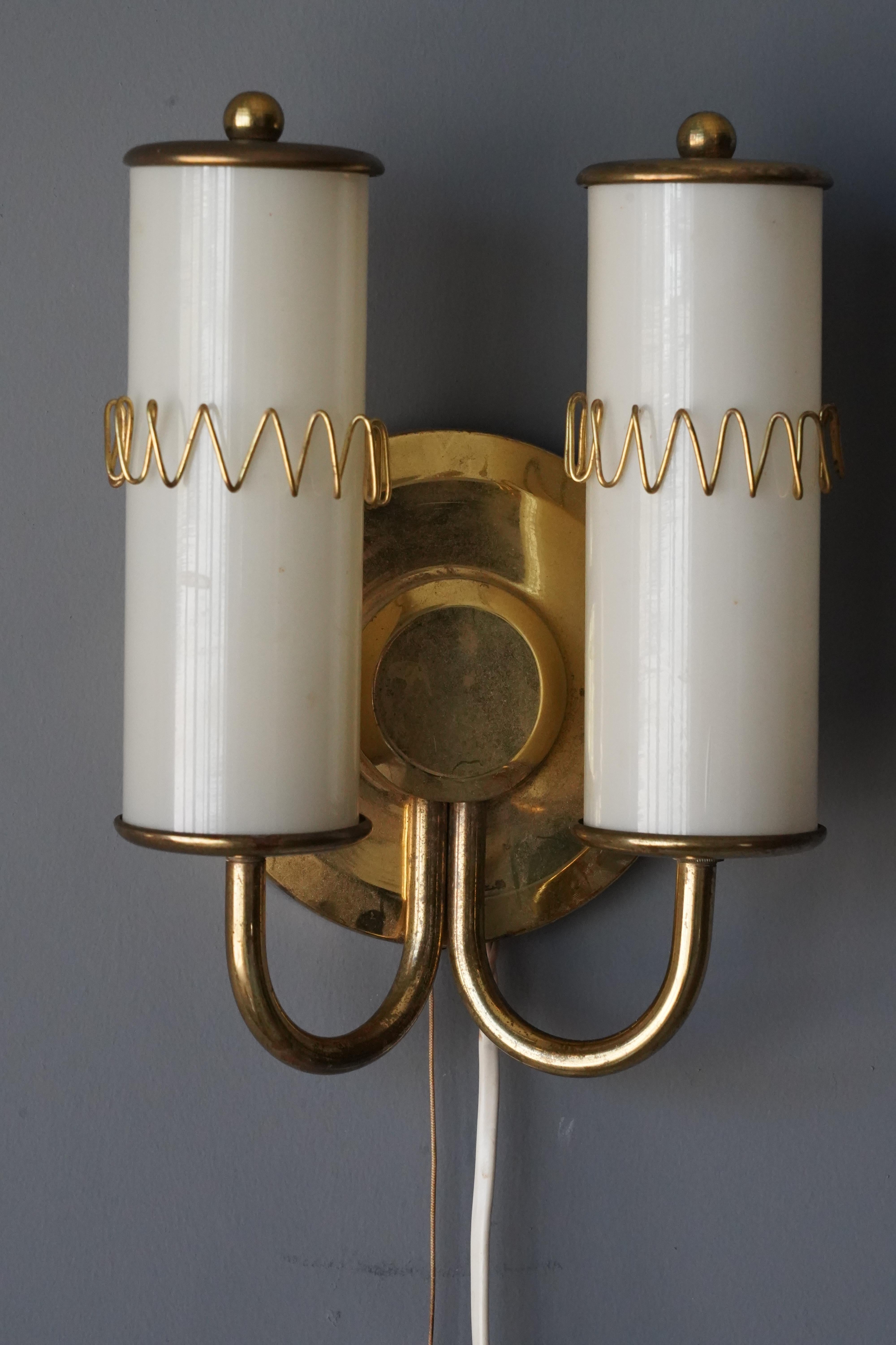 Swedish, Two-Armed Wall Light, Brass, Milk Glass, Sweden, 1950s 2