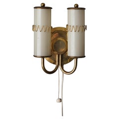 Swedish, Two-Armed Wall Light, Brass, Milk Glass, Sweden, 1950s