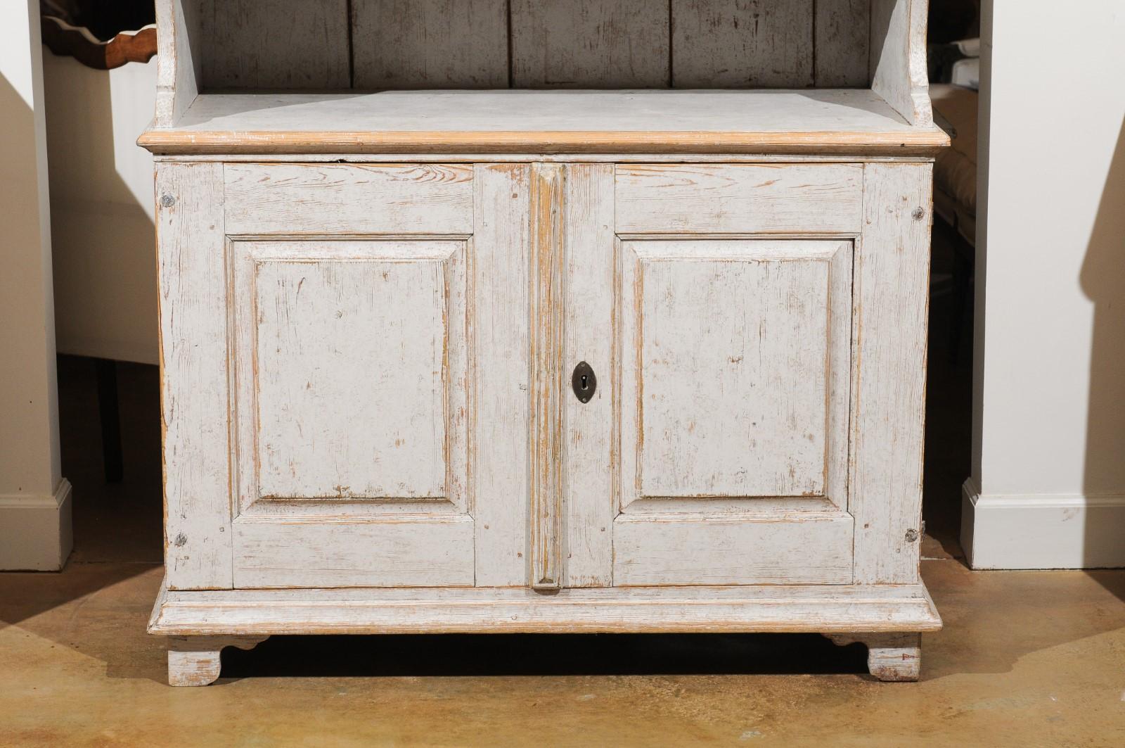 19th Century Swedish Two-Part Painted Cabinet from Värmland with Broken Pediment, circa 1834