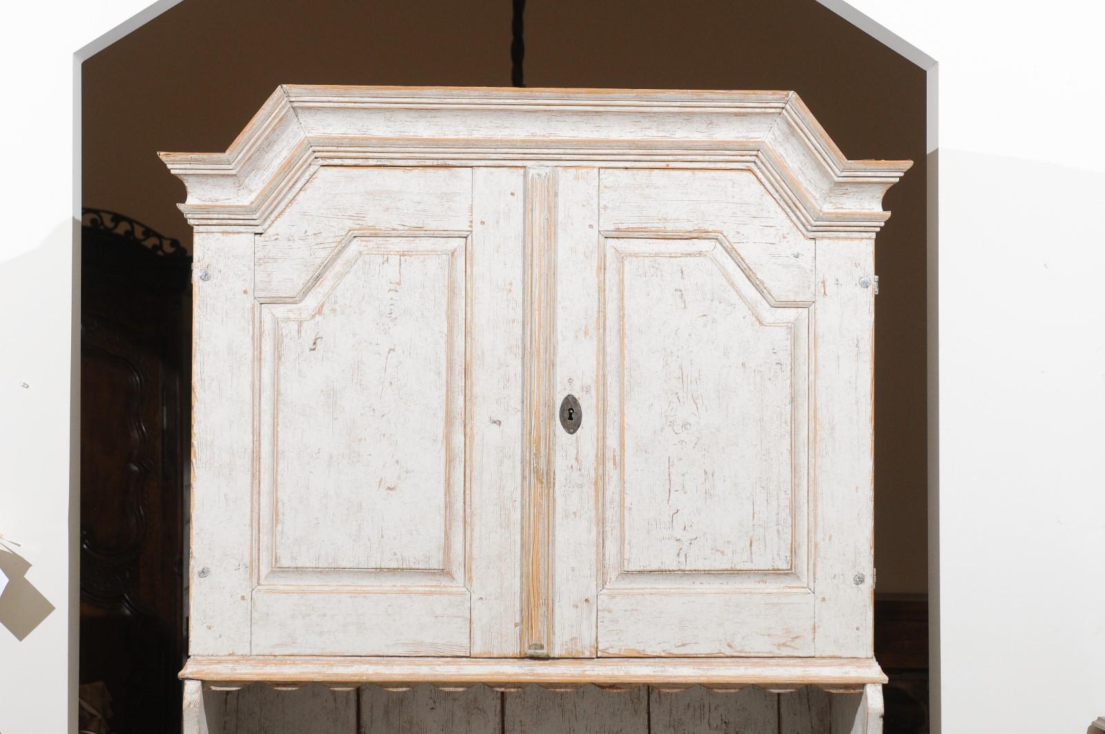 Wood Swedish Two-Part Painted Cabinet from Värmland with Broken Pediment, circa 1834