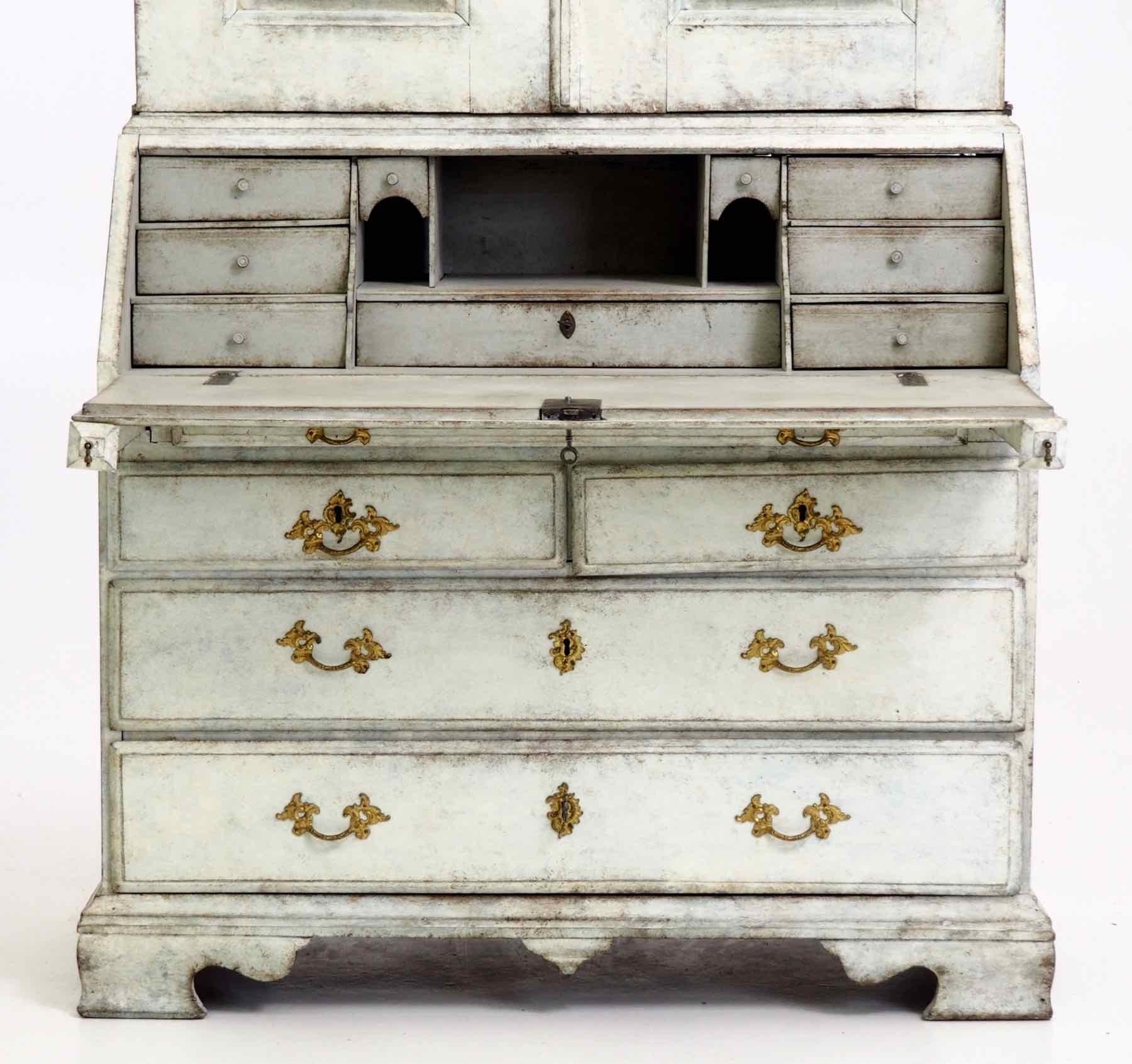 Gustavian Swedish Two-Parts Bureau, with Original Guilt Bronze Hardware, circa 1750