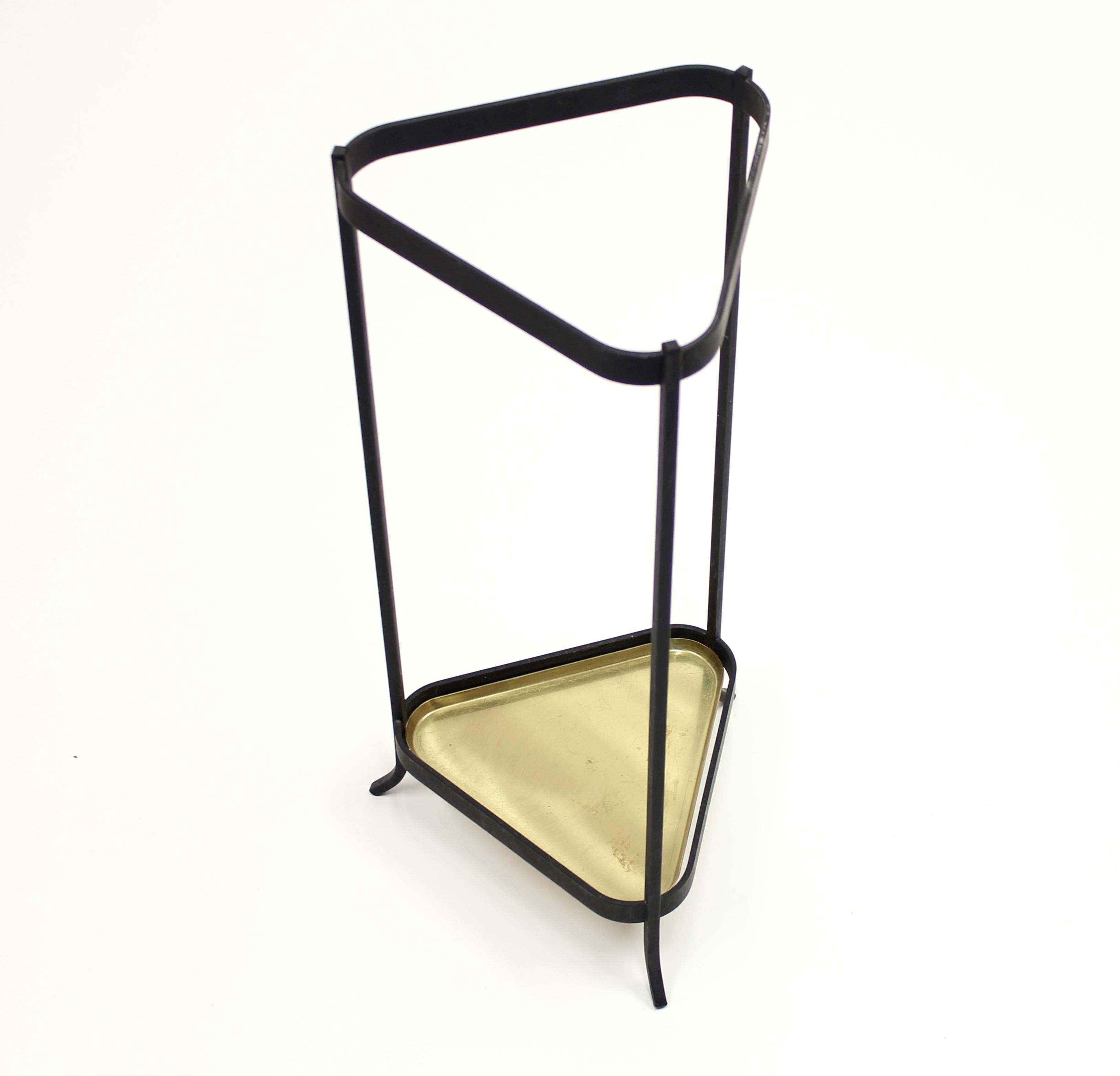 Triangular brass and metal 1960s umbrella stand by Swedish manufacturer Ystad Metall. Very good vintage condition.
