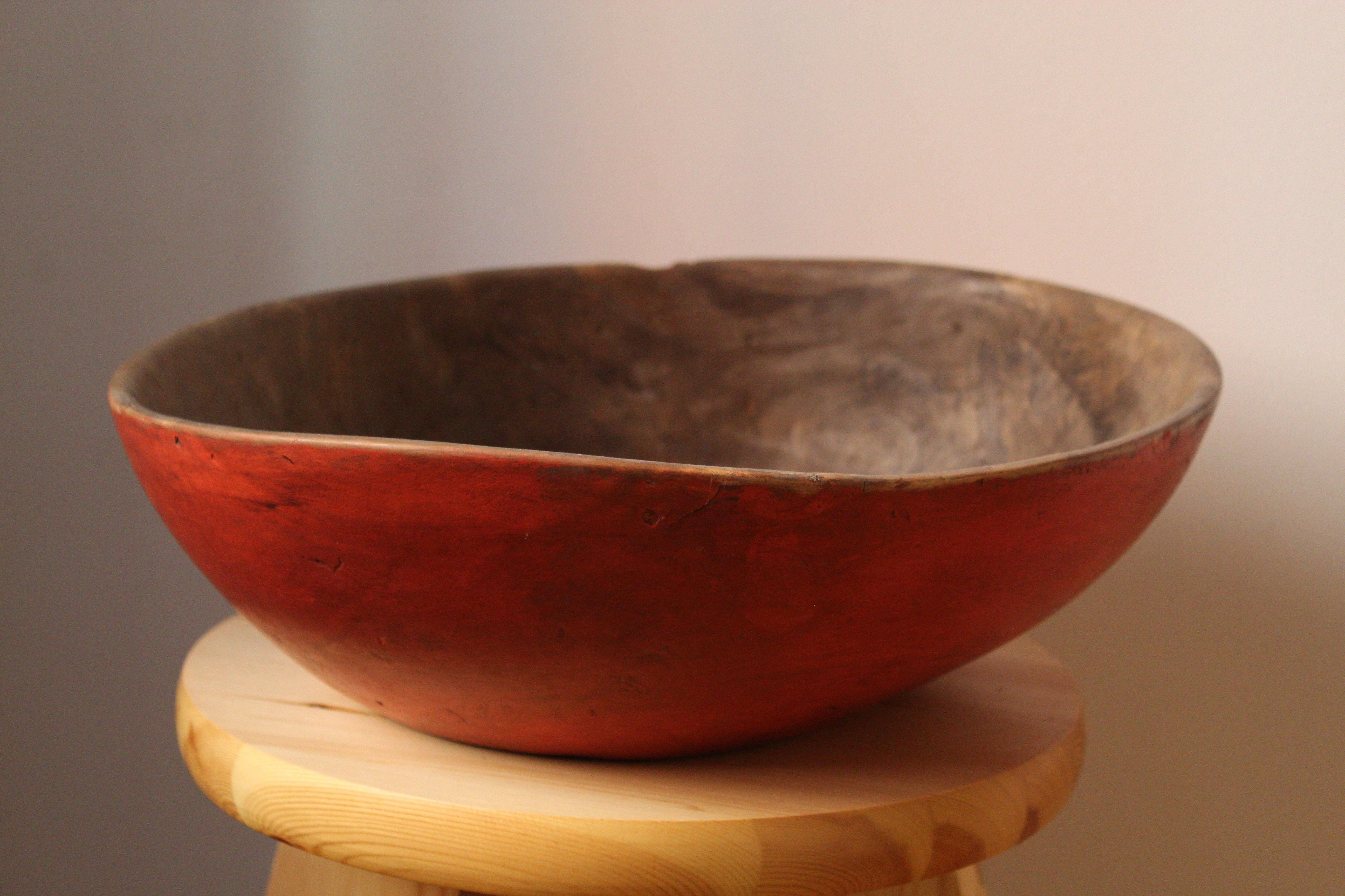 A large antique Swedish folk craft bowl, Dated 1835. With red paint to outside.
 
  