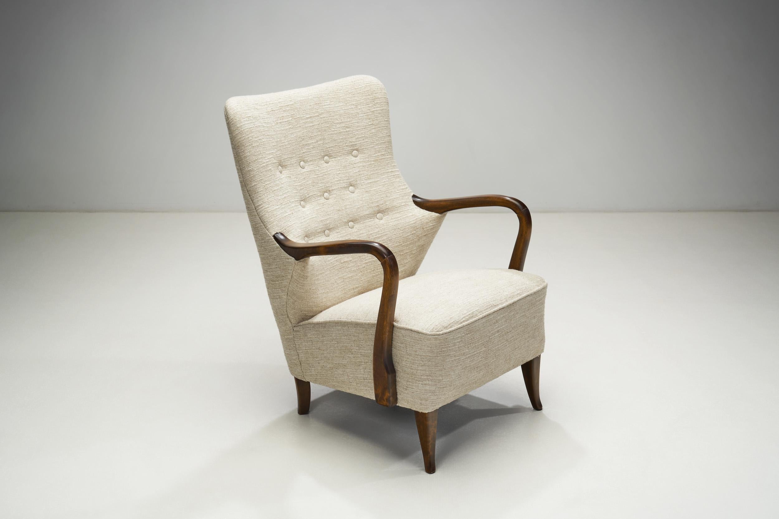 Swedish Upholstered Wooden Armchair with Curved Arms, Sweden ca 1940s For Sale 1