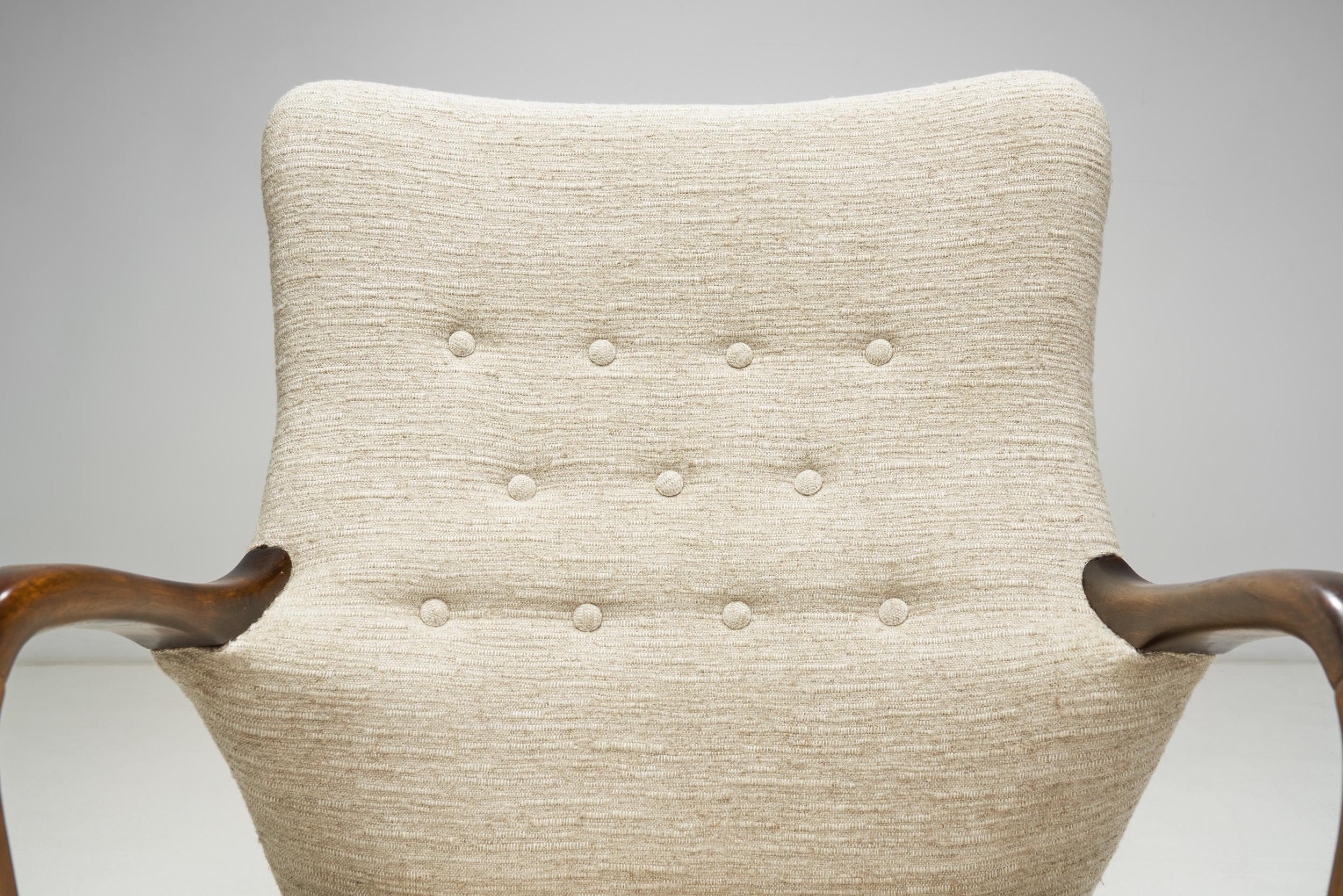 Mid-20th Century Swedish Upholstered Wooden Armchair with Curved Arms, Sweden ca 1940s For Sale