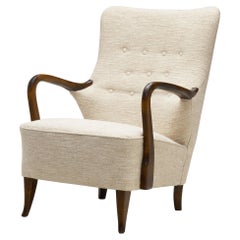 Swedish Upholstered Wooden Armchair with Curved Arms, Sweden ca 1940s