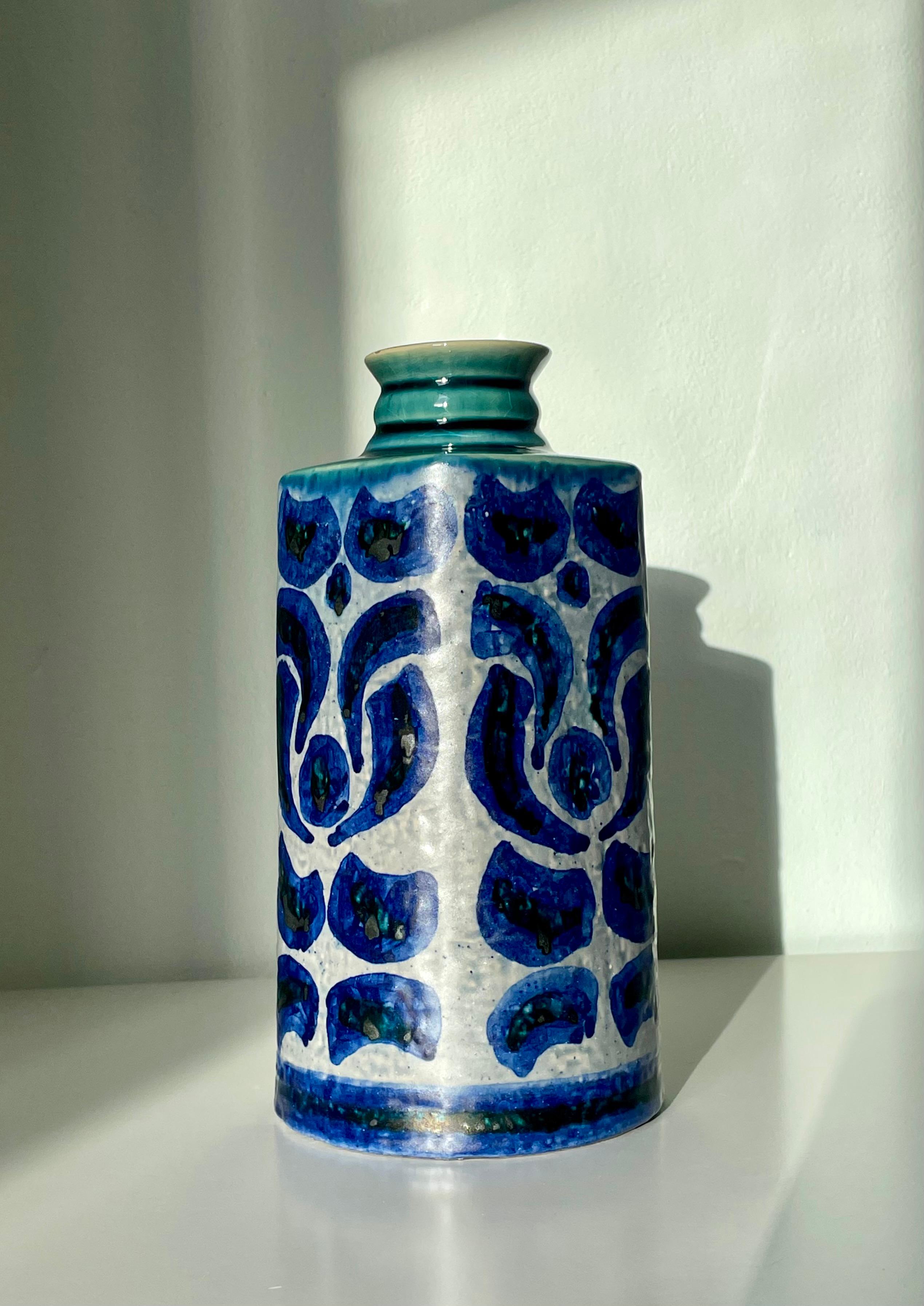 Swedish Upsala Ekeby Graphic Blue Decor Vase, Sweden, 1960s For Sale
