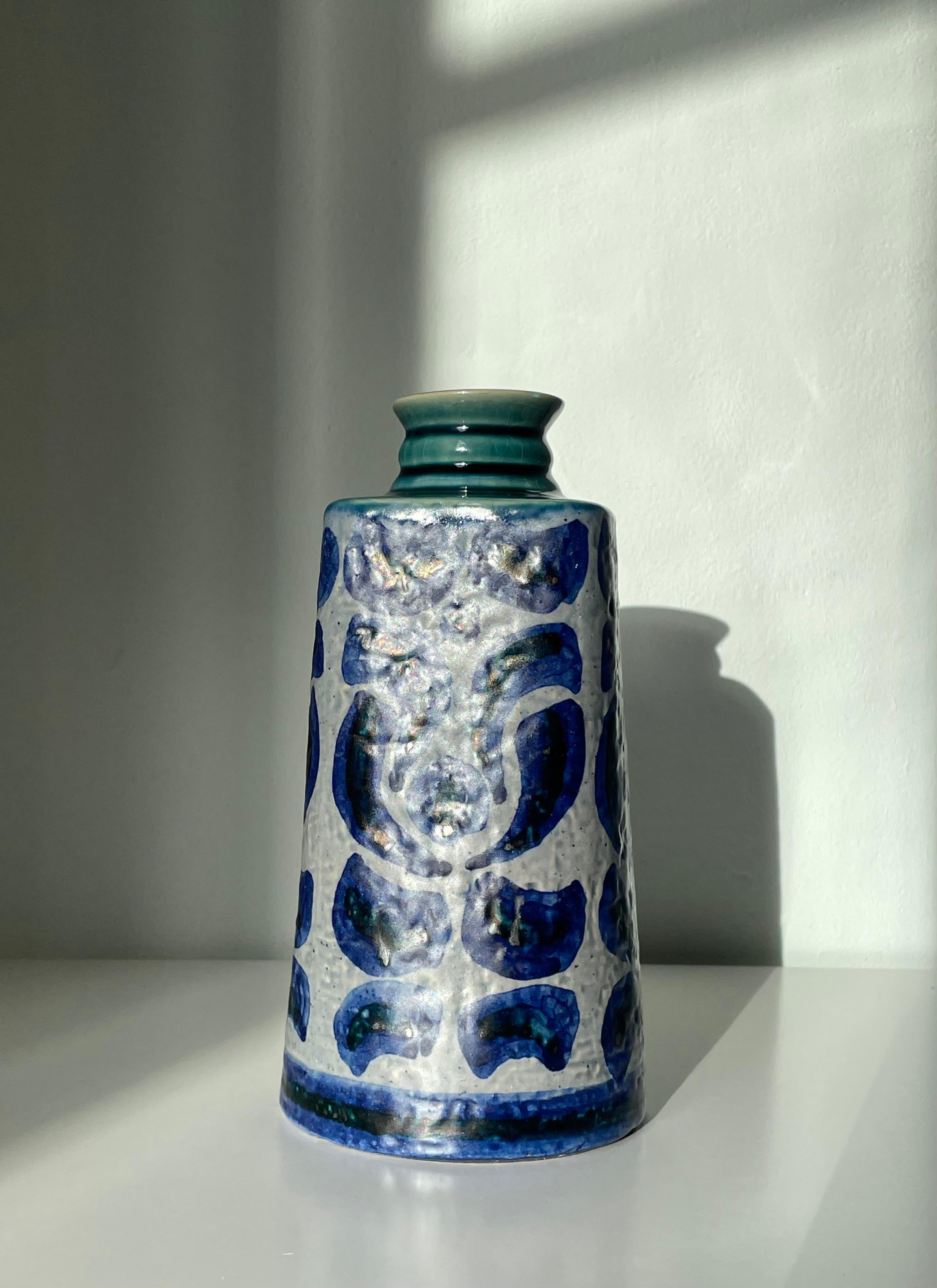 20th Century Upsala Ekeby Graphic Blue Decor Vase, Sweden, 1960s For Sale