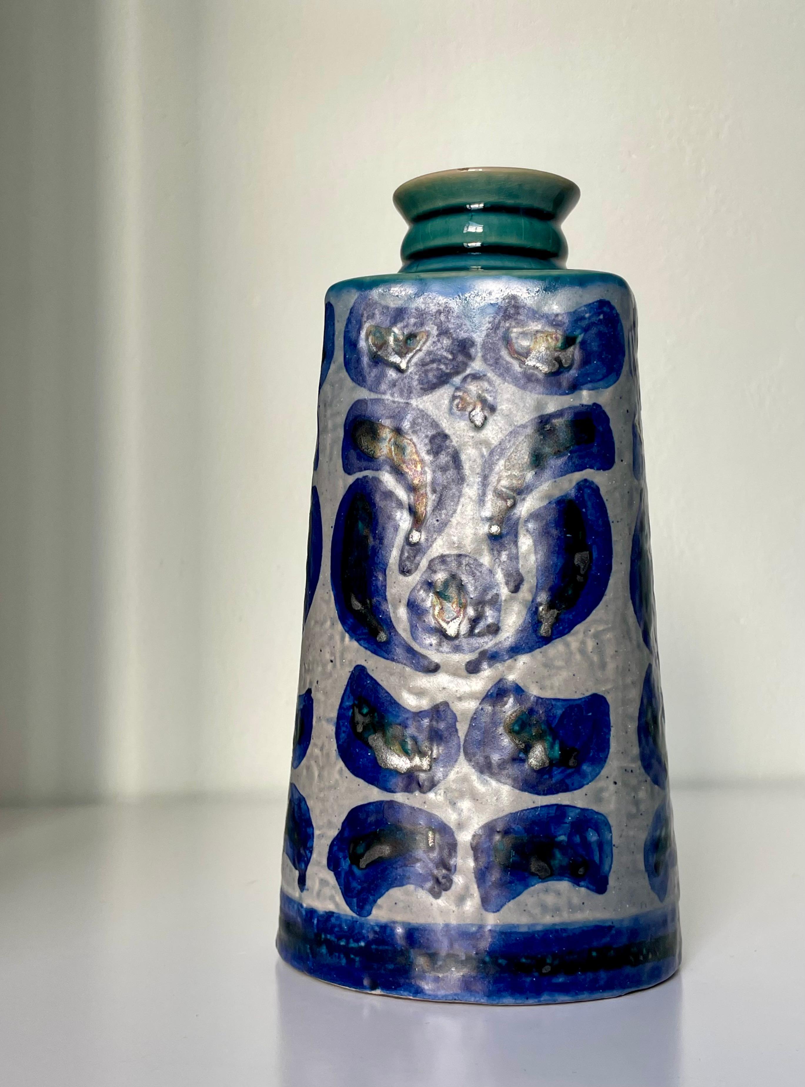 Ceramic Upsala Ekeby Graphic Blue Decor Vase, Sweden, 1960s For Sale