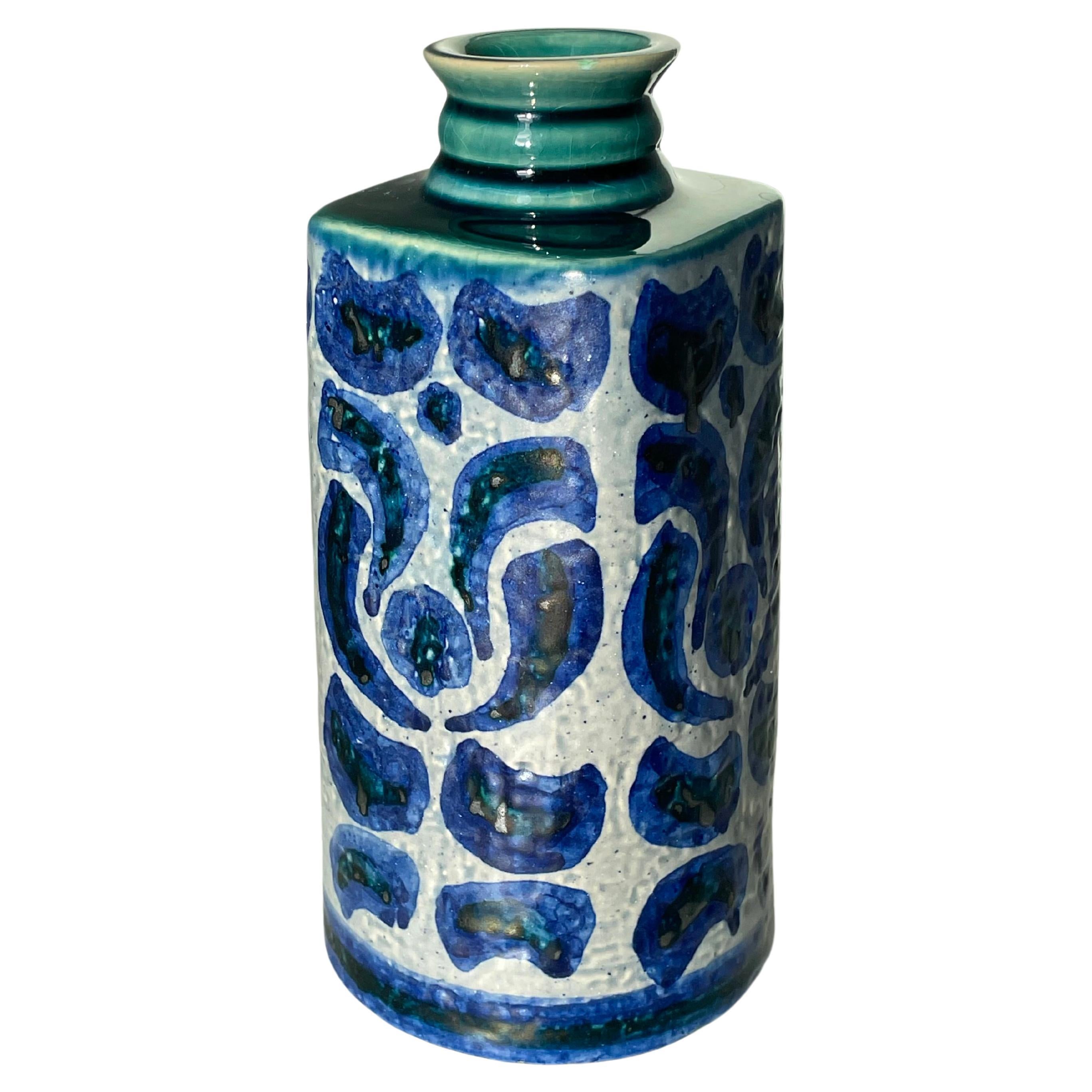 Upsala Ekeby Graphic Blue Decor Vase, Sweden, 1960s For Sale