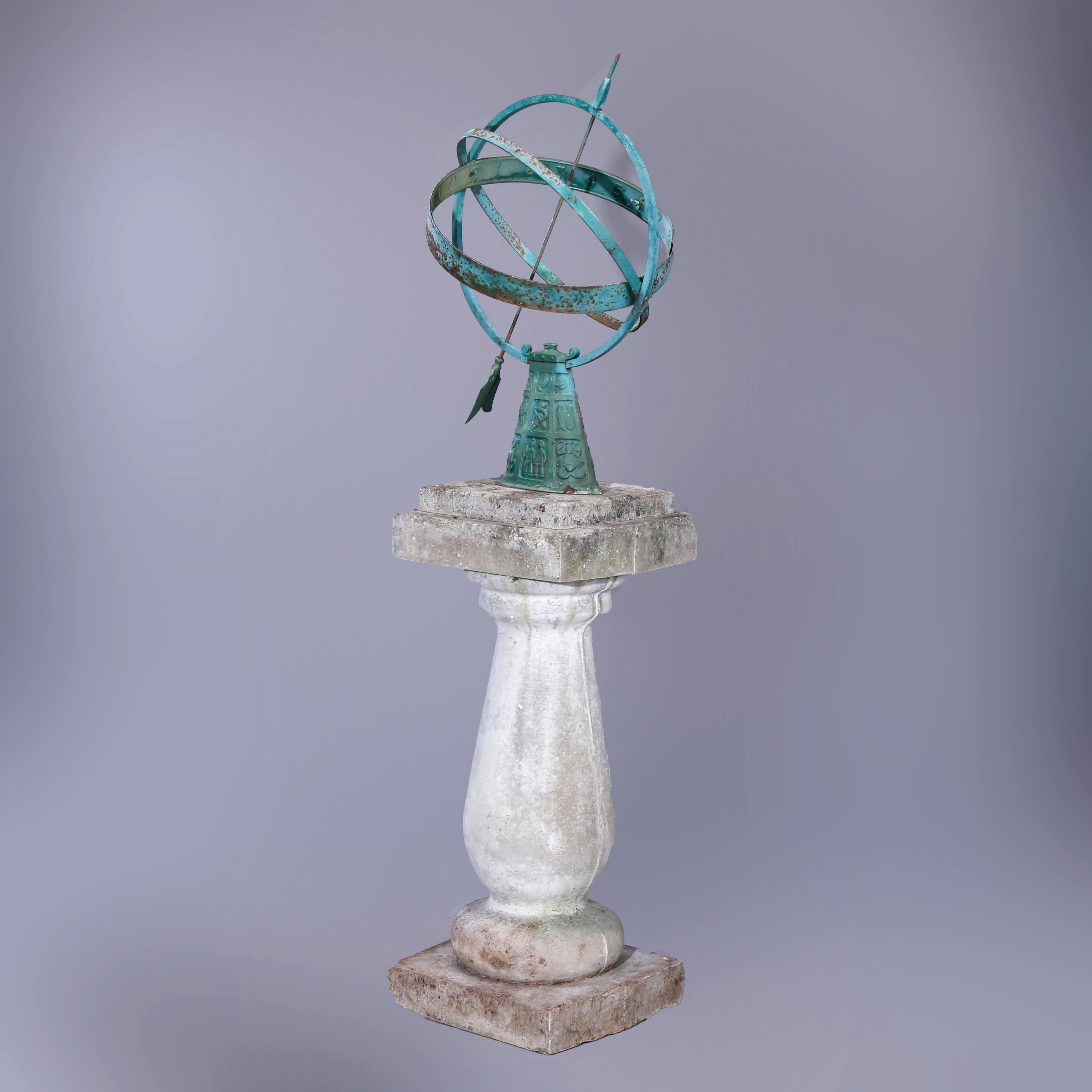 A Swedish garden armillary offers verdigris finish and flared base having astrological signs in relief, seated on cast hard stone balustrade pedestal, 20th century

Measures - 62''height x 14''diameter.